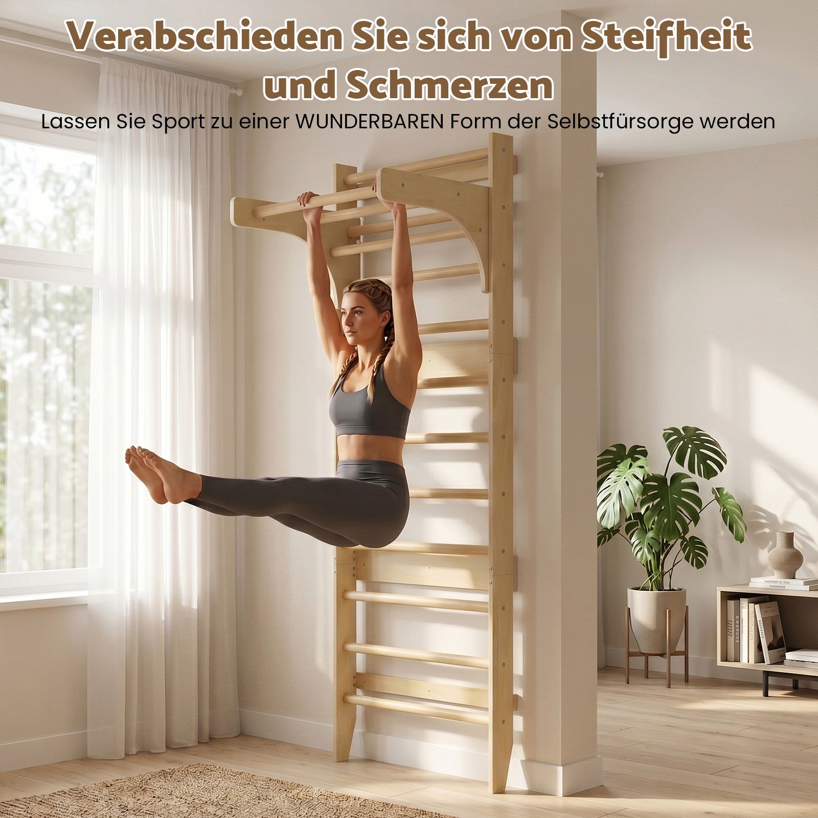Hausright Sprossenwand für Erwachsene und Kinder, Höhenverstellbar Klimmzugstange Kletterwand, (Klettergerüst, Sprossenwand, Klimmzugstange, Strickleiter, Turnringe, Runde Trapez), Gymnastikstange aus Holz Wandmontage