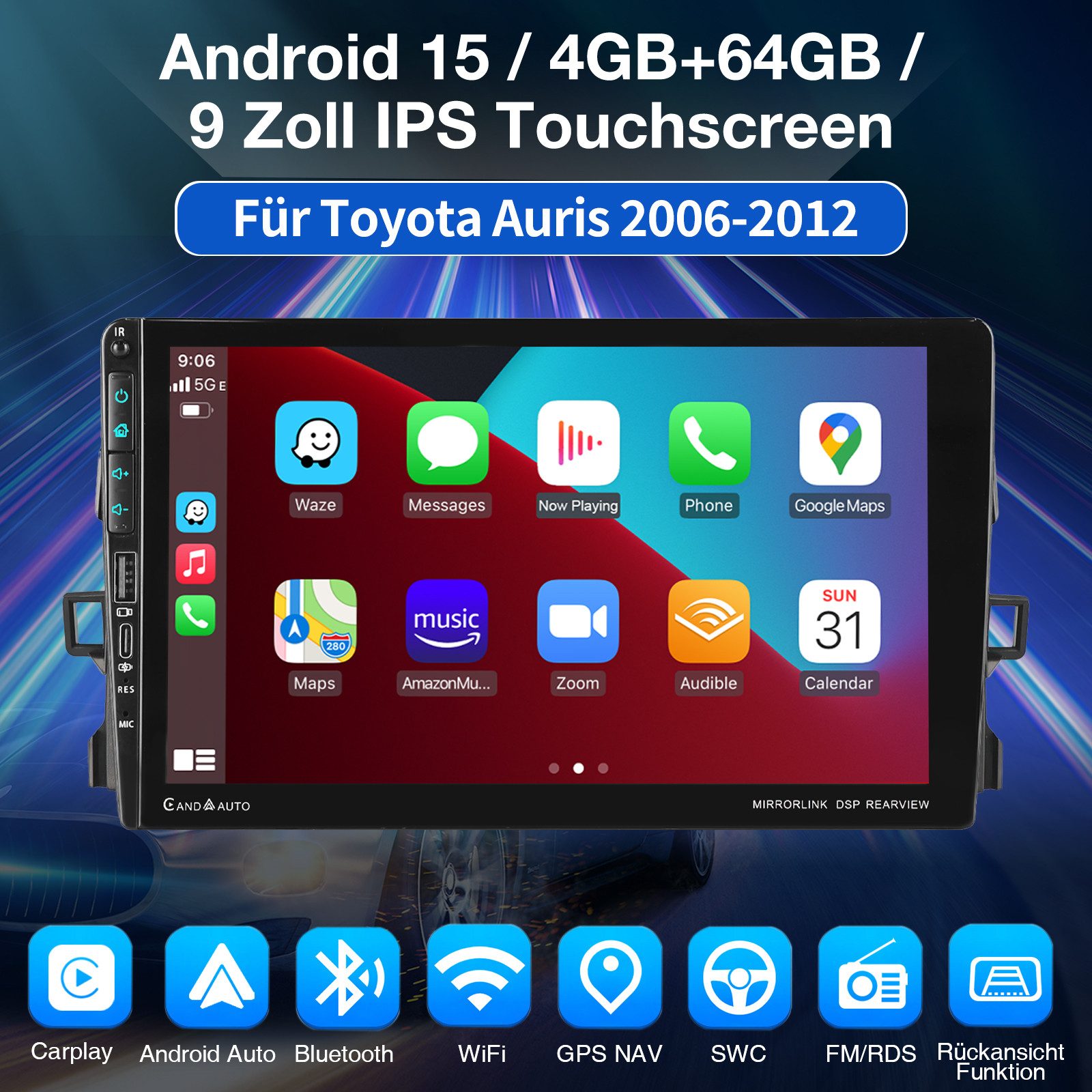 ESSGOO Carplay Autoradio Für Toyota AURIS 06-12 Android15 GPS WIFI USB Type-C Autoradio (RDS, 4+64GB(optional), DAB (optional), FM, AM, DAB+ (optional), Carplay Android Auto Bluetooth EQ USB GPS Navi WIFI Touchscreen)