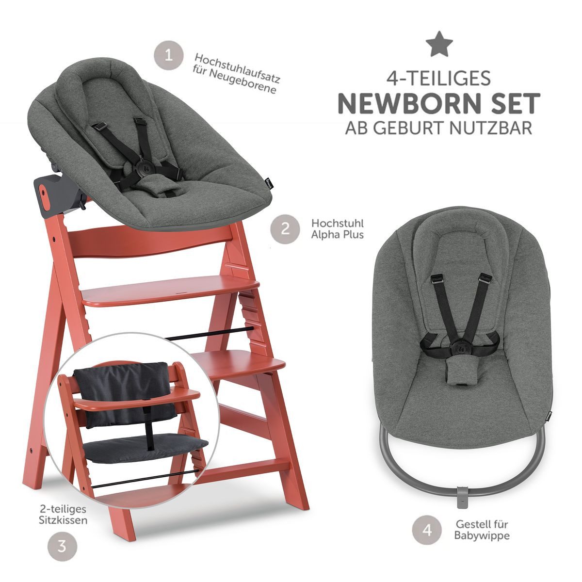 Hauck Hochstuhl Alpha Plus Cork Newborn Set - Dark Grey, Holz Babystuhl ab günstig online kaufen