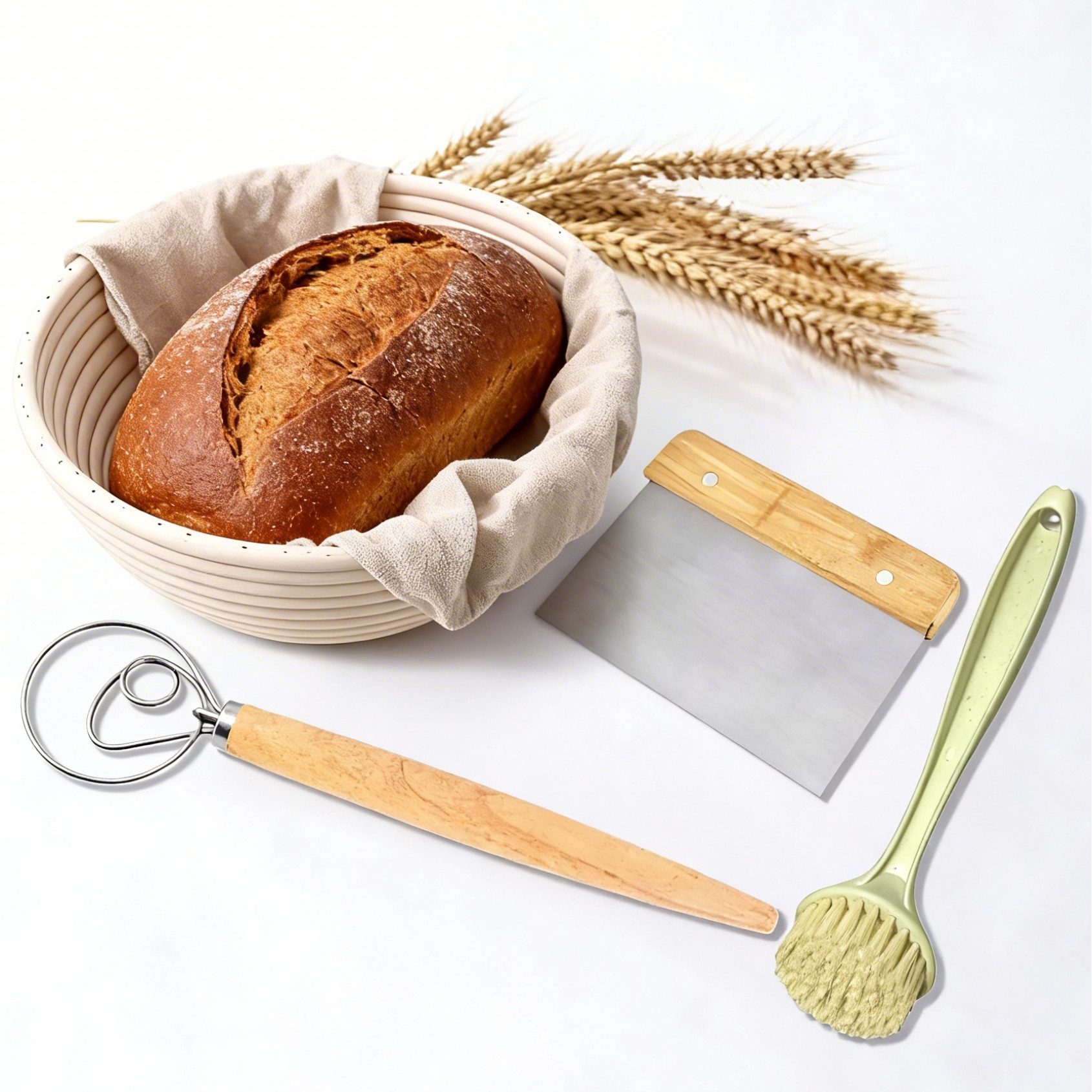 PFCTART Gärkorb Gärkörbchen Set aus Naturrattan mit Leinentuch als Brot Backen Zubehör, (Set 5-tlg), Banneton Brotgärkorb für Sauerteigbrot inklusive Teigschaber und Lame