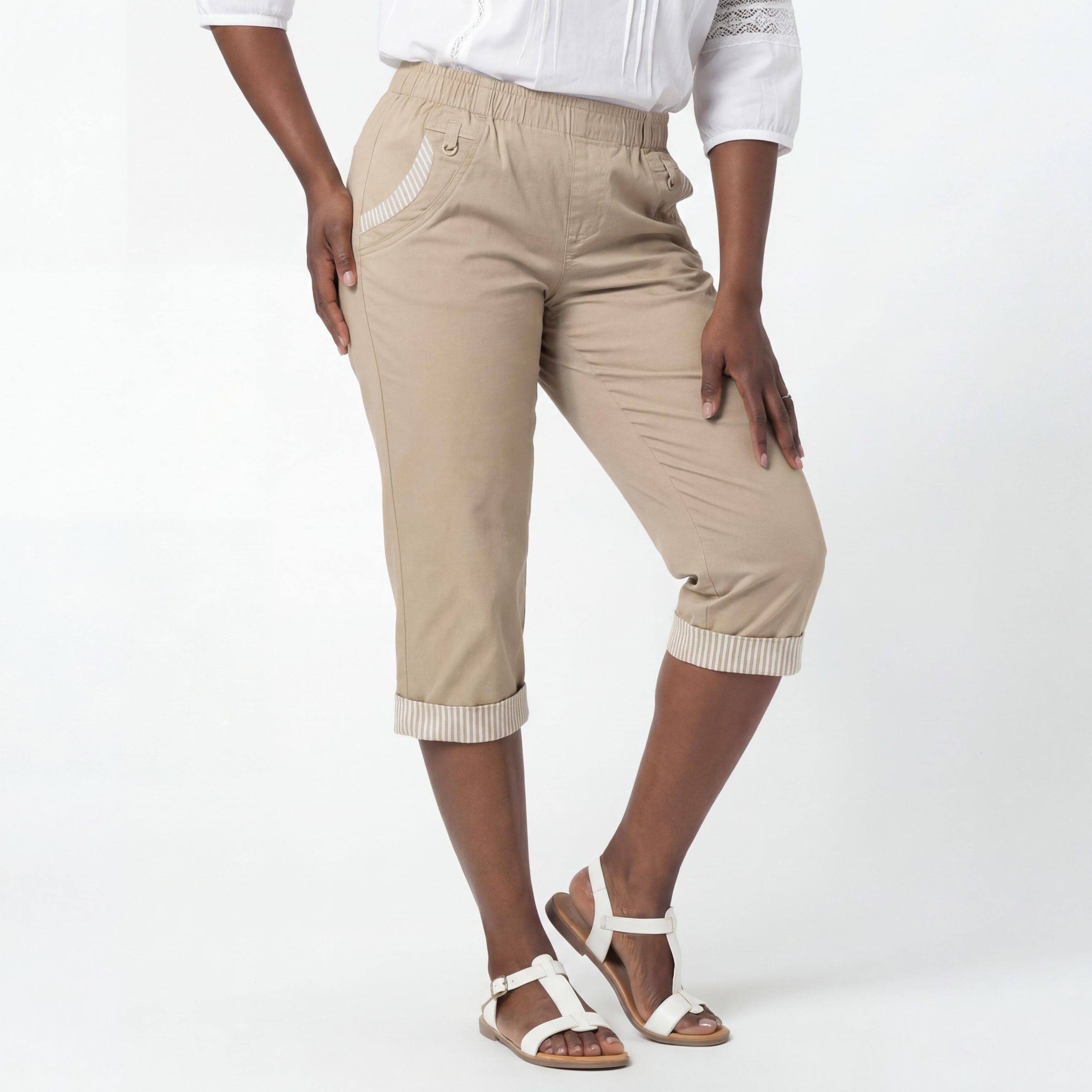 OriginalYou Caprihose Damen Sommerhose aus 95% Baumwolle 7/8 Freizeithose maritimer Look & Beinumschlag, in den Größen 36 bis 50 erhältlich