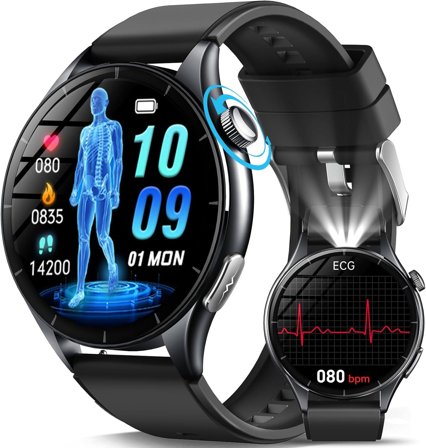 Marsyu Smartwatch (3,9 cm, android ios), Smartwatch mit 1.56" AMOLED Display, LED-Licht, ECG