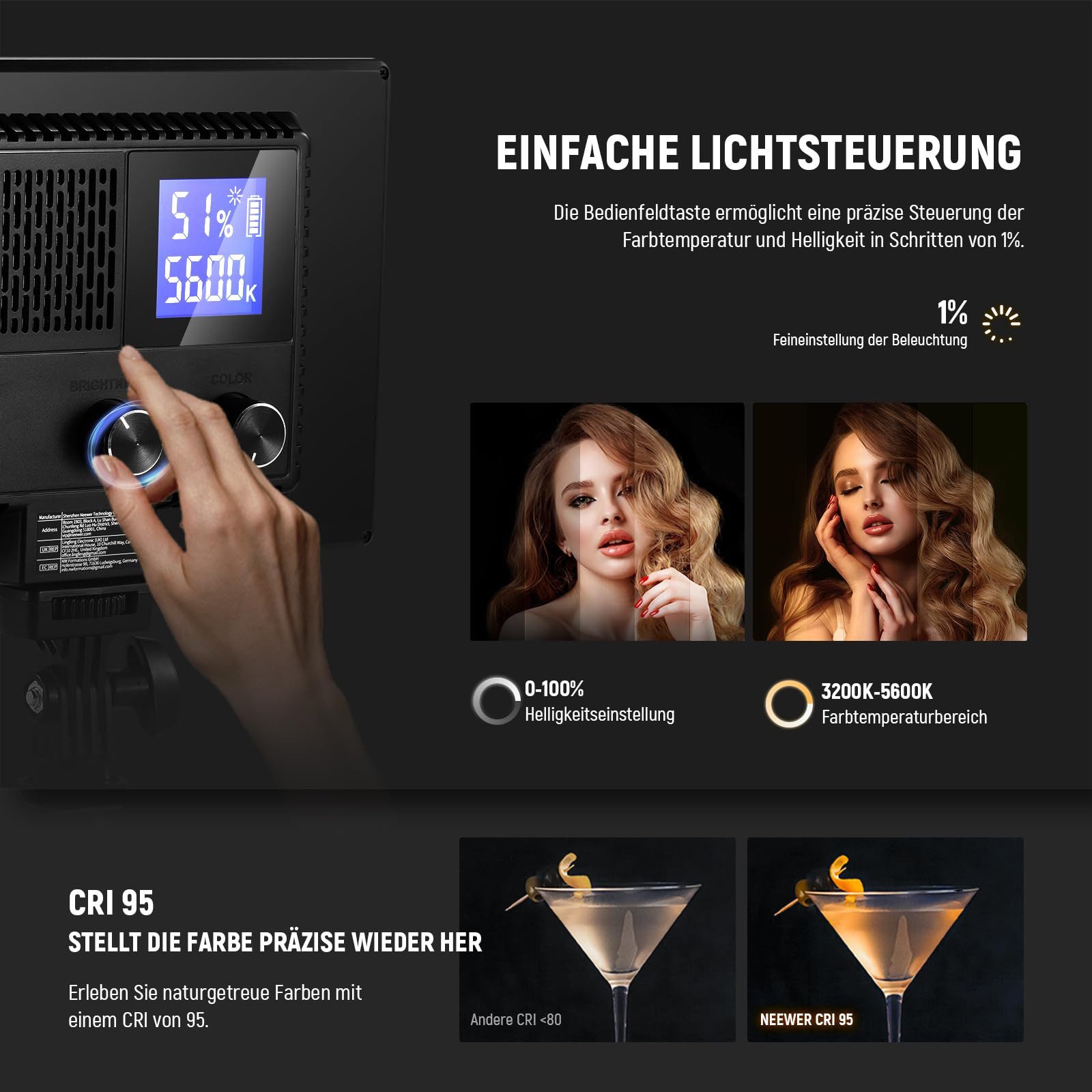 Neewer Videoleuchte NL-116AI 9" LED Panel CRI95+ 3200K-5600K dimmbar, mit wiederaufadbarerBatterie