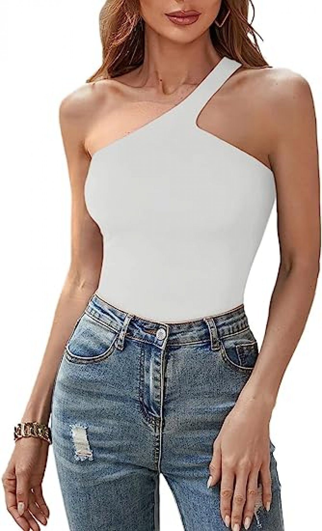 carefully selected Strickweste Sexy Camisole für Damen–eine Schulter-ärmellos, rückenfrei Weiss