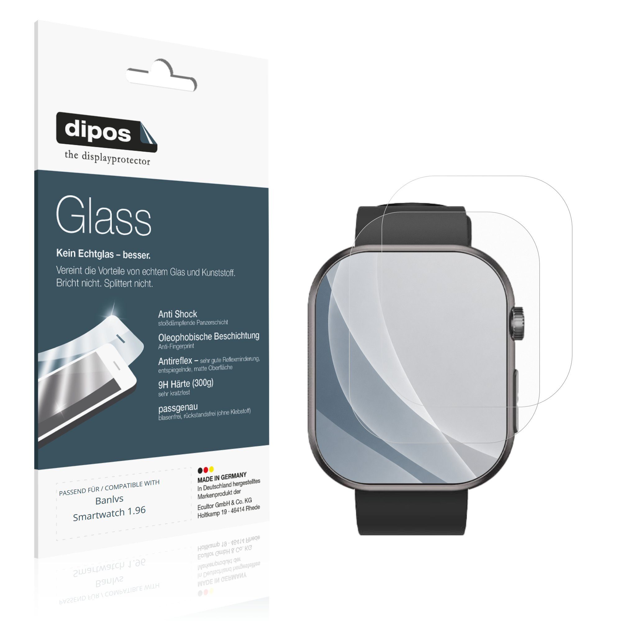 dipos Displayschutzfolie Schutzfolie für Banlvs Smartwatch 1.96, 2 Stück, Displayschutz Schutz Folie Made in Germany