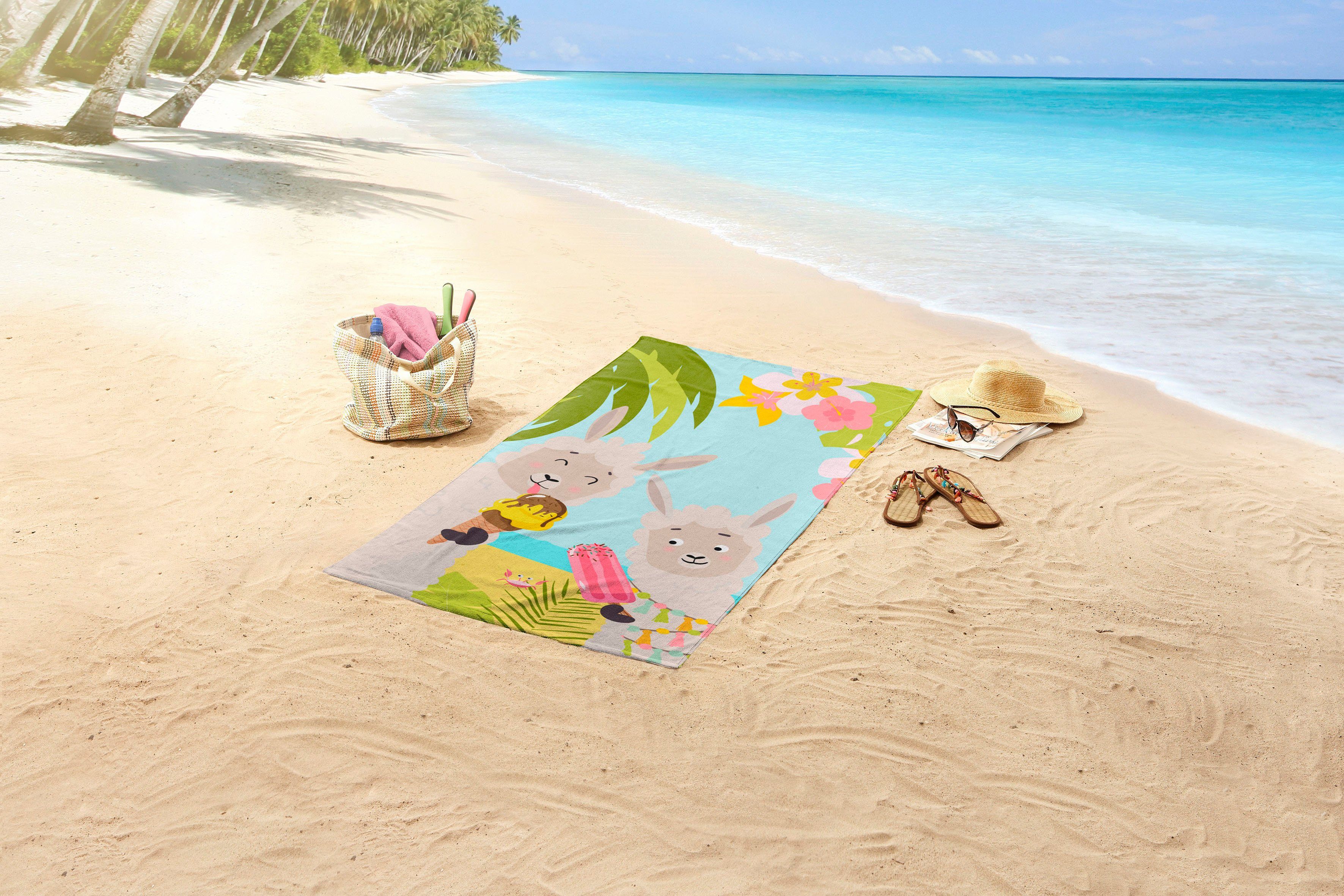good morning Strandtuch Happy Lamas, Microfaser (1-St), Mikrofaser, 75x150, Schnelltrocknend, Strand, Kind, mädchen, Lama
