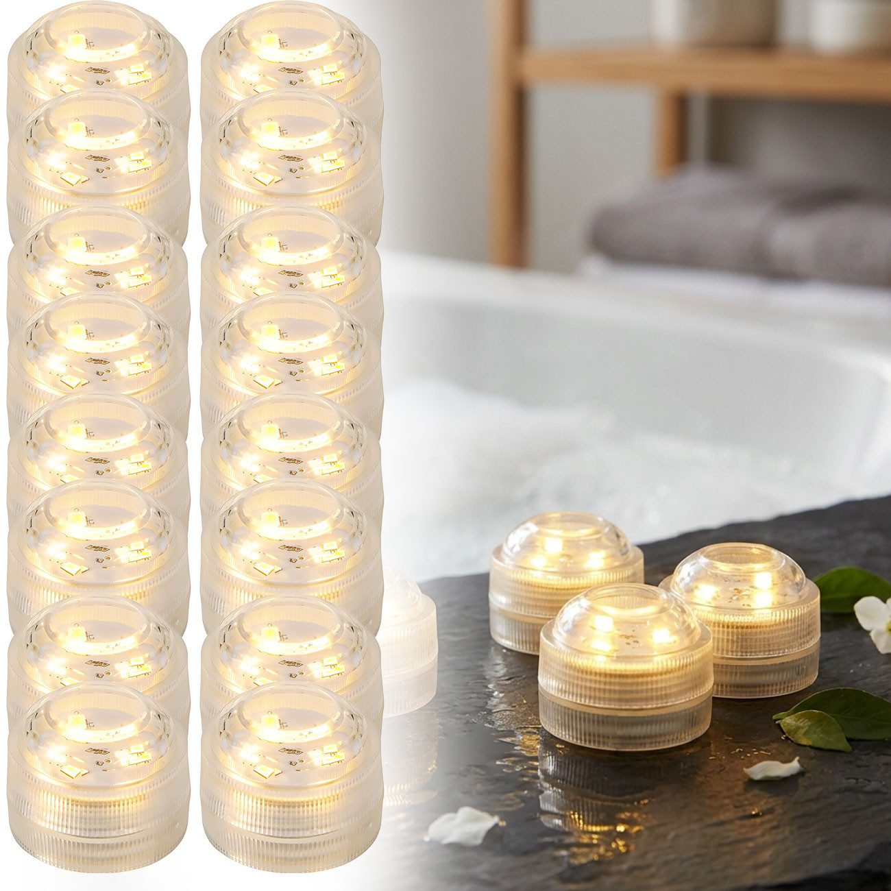 shop'n smile ideoon LED-Teelichter warmweiß, IP68 wasserdicht für Pool & Badewanne. Tauchbare LED-Lichter, LED, Teelicht mit Batterie