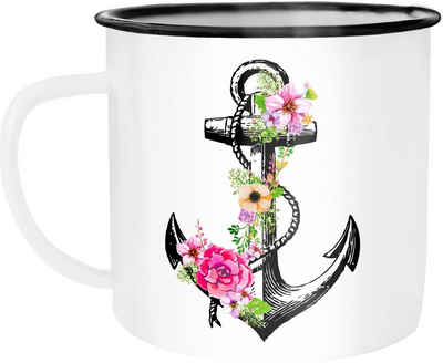 Autiga Tasse Emaille Tasse Becher Anker Blumen Anchor Flower Watercolor Kaffee-Tasse Autiga®, emailliert und mit Aufdruck
