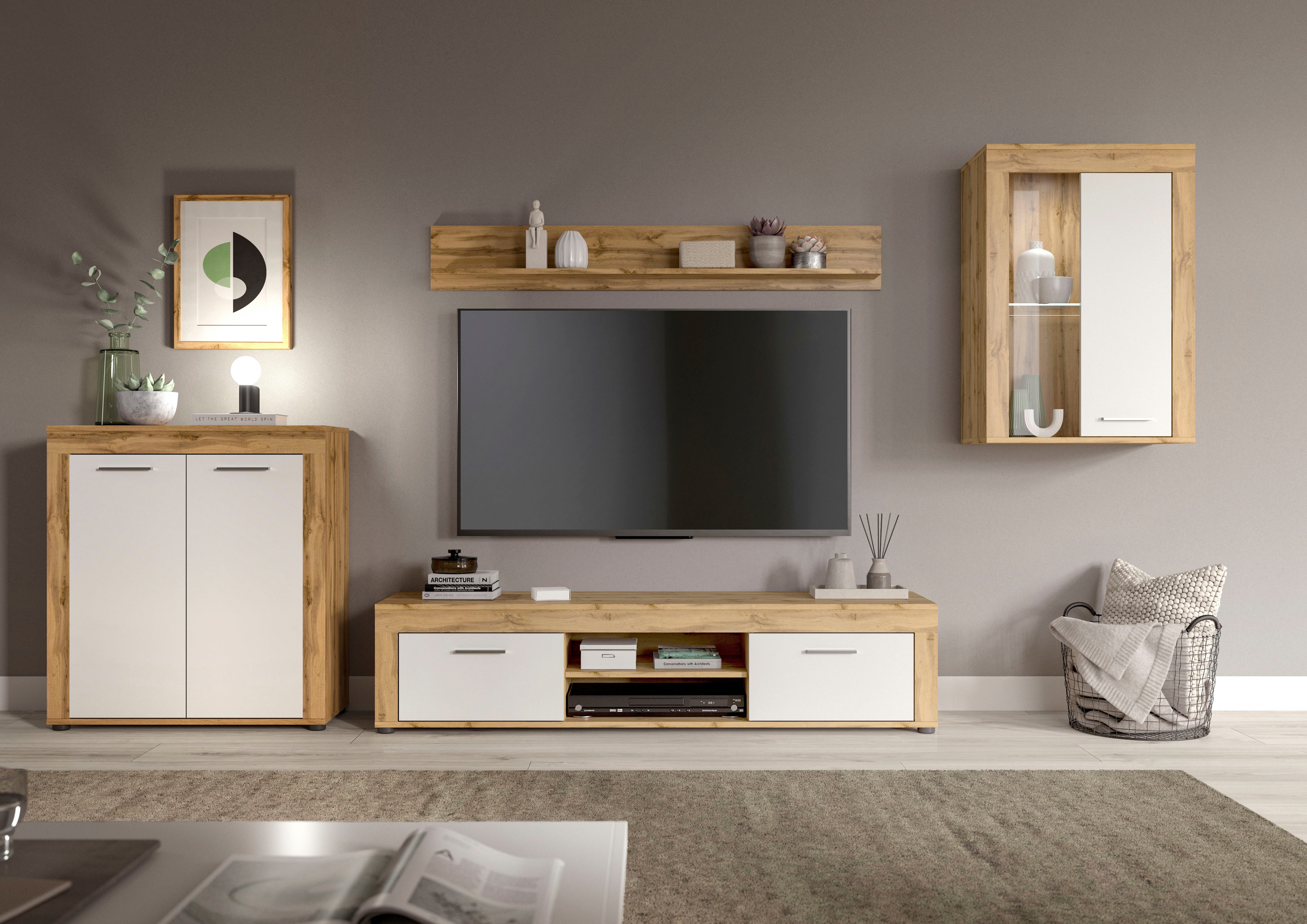 Home affaire Wohnwand AOSTA, TOPSELLER!, Breite 330cm, 4-teilige Wohn-Kombination, (4-St., bestehend aus: Highboard, Lowboard, Wandboard & Vitrine), Wohnwand, Kombination, Anbauwand, Möbel Set, Schrankwand, Möbel Kombi