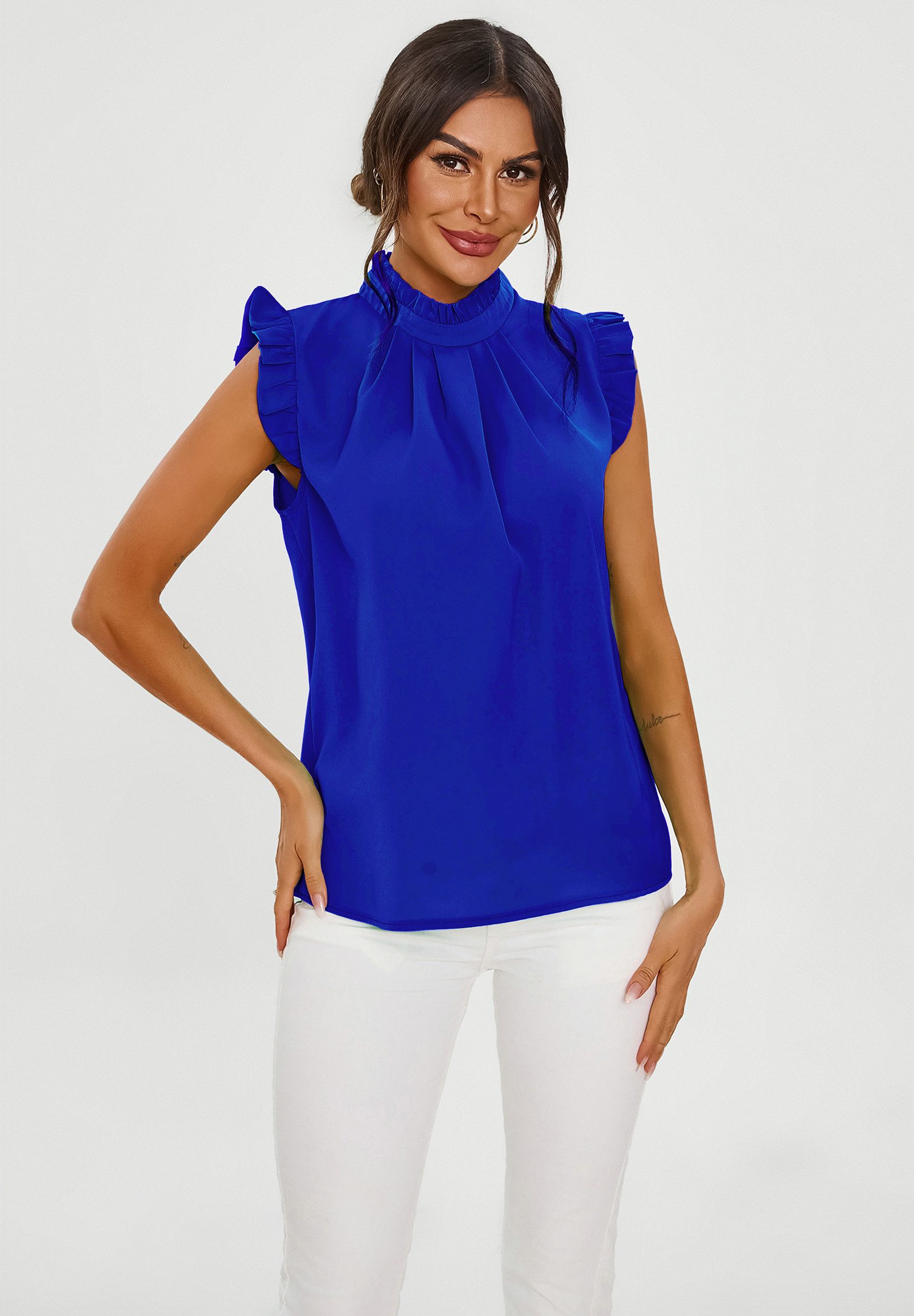 FS Collection Blusentop Damen Blusentop ärmellos mit Rüschenkragen elegante Bluse (XS (EU:36 / UK:8) · S (EU:38 / UK:10) · M (EU:40 / UK:12) · L (EU:42 / UK:14) · XL (EU:44 / UK:16), 3 Farben : Schwarz, Royalblau und Grün) Hochgeschlossener Ausschnitt mit Rüschenkragen und Rüschenbesatz