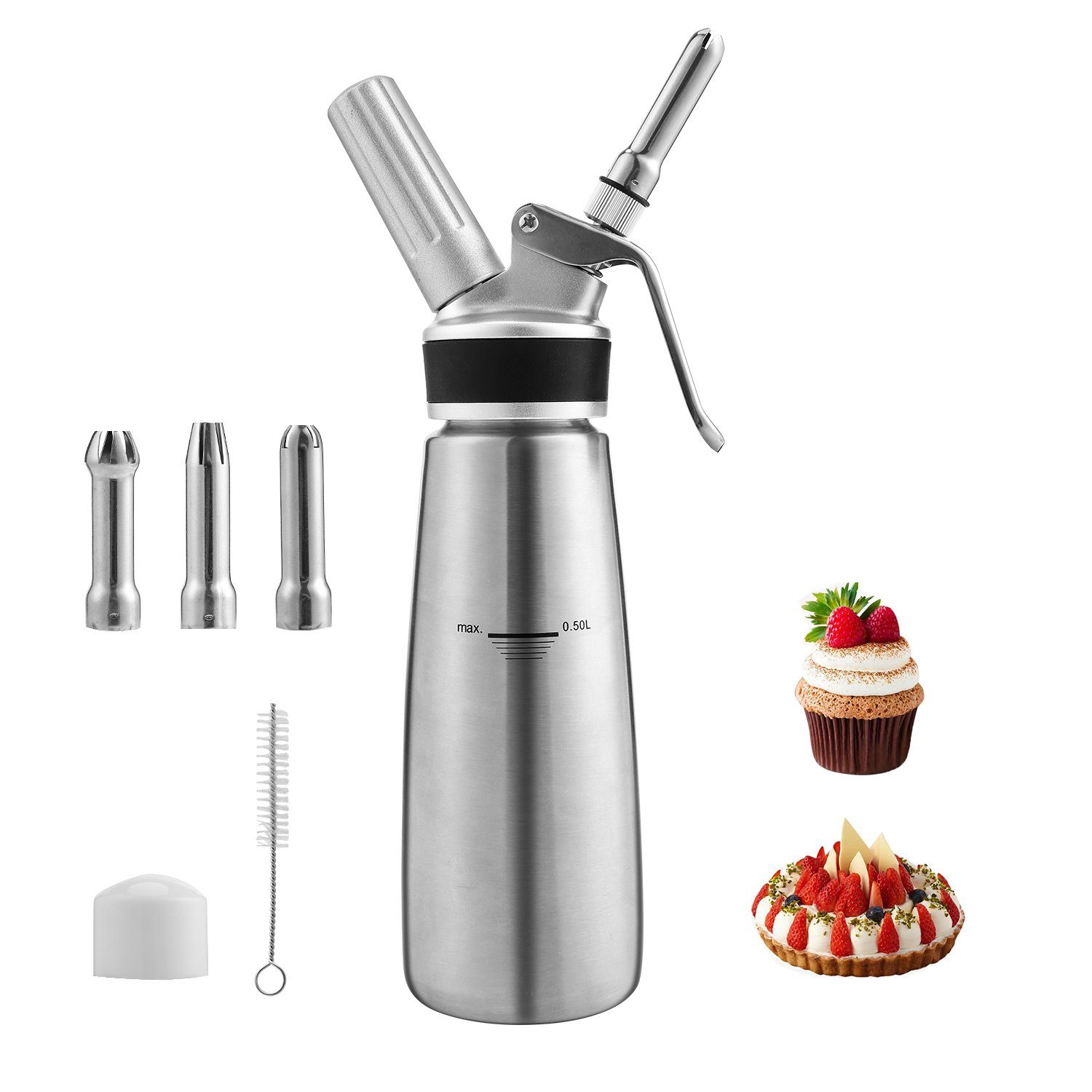 Randaco Sahnesyphon 500ml Profi Edelstahl Sahnespender Sahnesyphon 3 Edelstahl Deko-Düsen, (Gebäck Sahne, Soßen und mehr, 1-tlg) Rostfrei Schlagsahne Dispenser Für Desserts