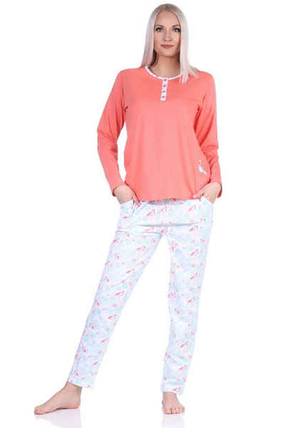 Normann Pyjama »Eleganter Damen Schlafanzug langarm Pyjama mit Flamingo Motiv und Knopfleiste am Hals«