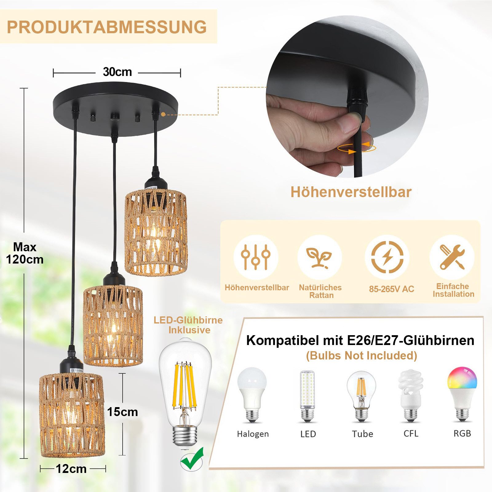 LMaxhome Pendelleuchte Hängeleuchte Rattan,Boho Pendelleuchte 3-flammig mit Led Glühbirne, LED wechselbar, Halogen, Warmweiß, Pendelleuchte Esstisch,Pendelleuchte Höhenverstellbar
