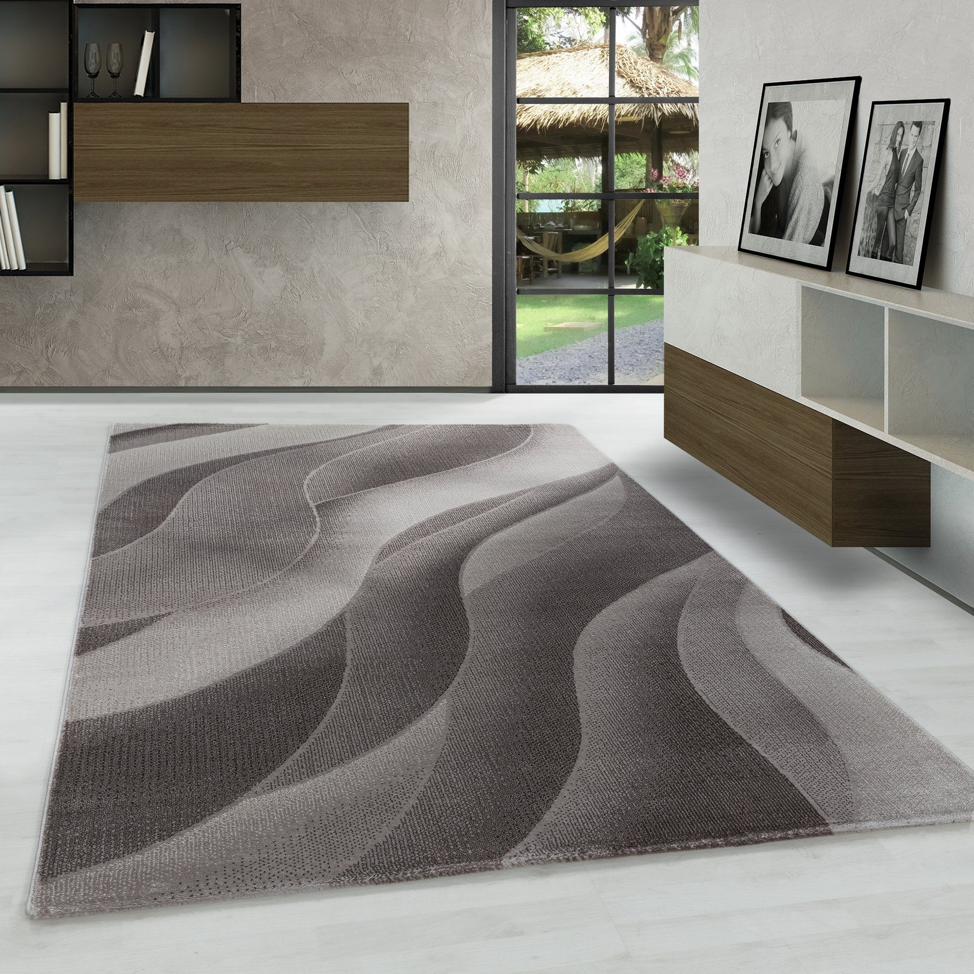Designteppich Wellen Design, Carpetsale24, Läufer, Höhe: 9 mm, Kurzflor Teppich Wellen Design Teppich Braun Teppich Wohnzimmer