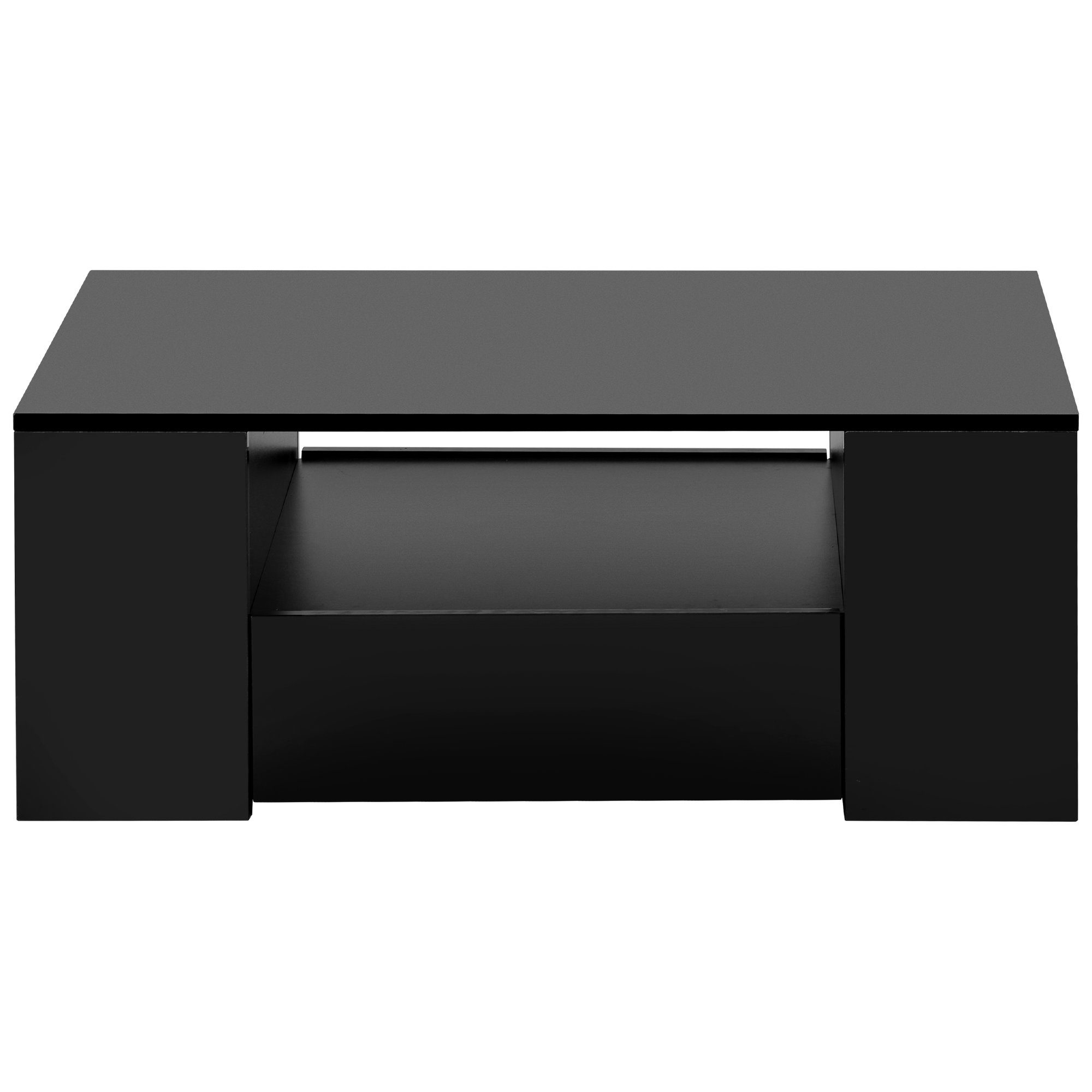 Couchtisch (Wohnzimmertisch Hochglanz Schwarz), Sofatisch mit LED-Beleuchtung, 2 Schubladen, 2 Regale, 95 x 53 x 37 cm
