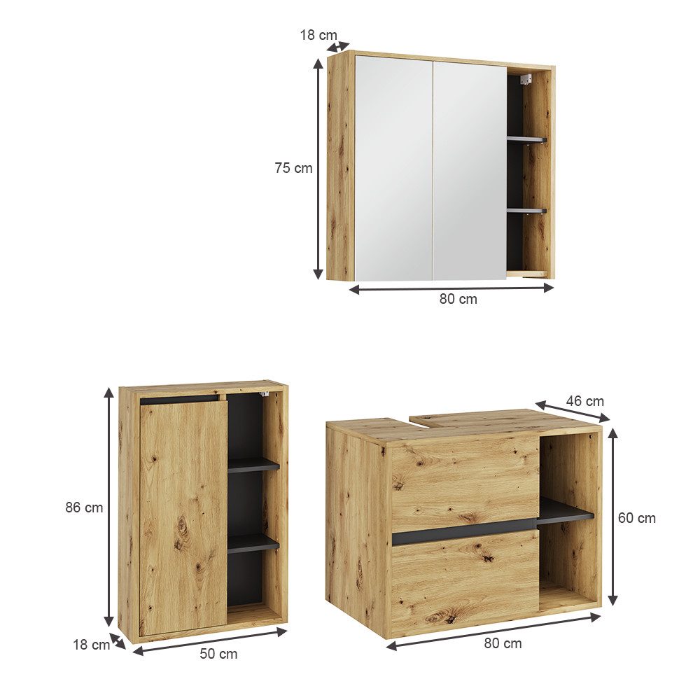 Vicco Badmöbel-Set Viola, Artisan/Grau, 3 Teile, günstig online kaufen