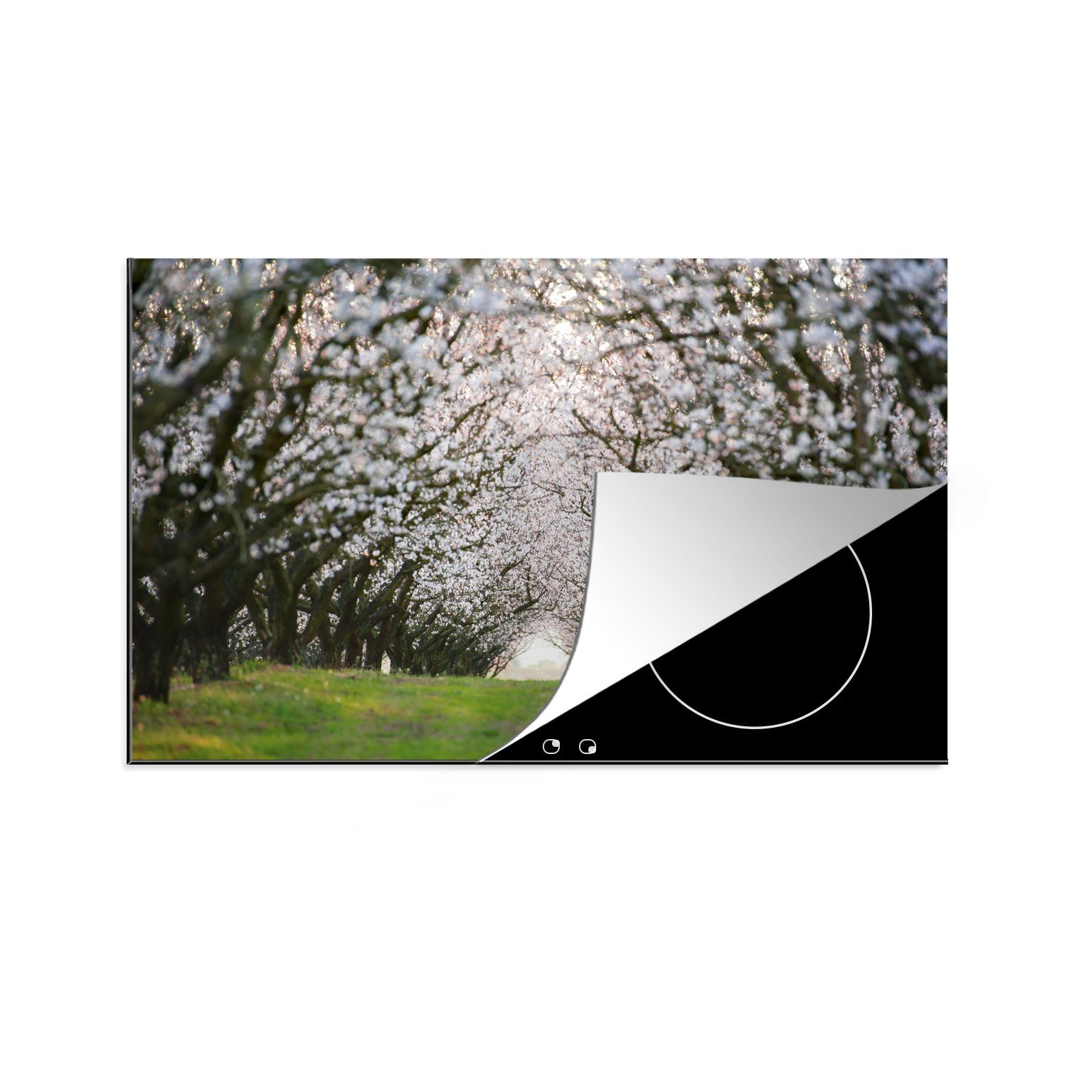 MuchoWow Herdblende-/Abdeckplatte Tunnel zwischen den blühenden Mandelbäumen, Vinyl, (1 tlg), 81x52 cm, Induktionskochfeld Schutz für die küche, Ceranfeldabdeckung
