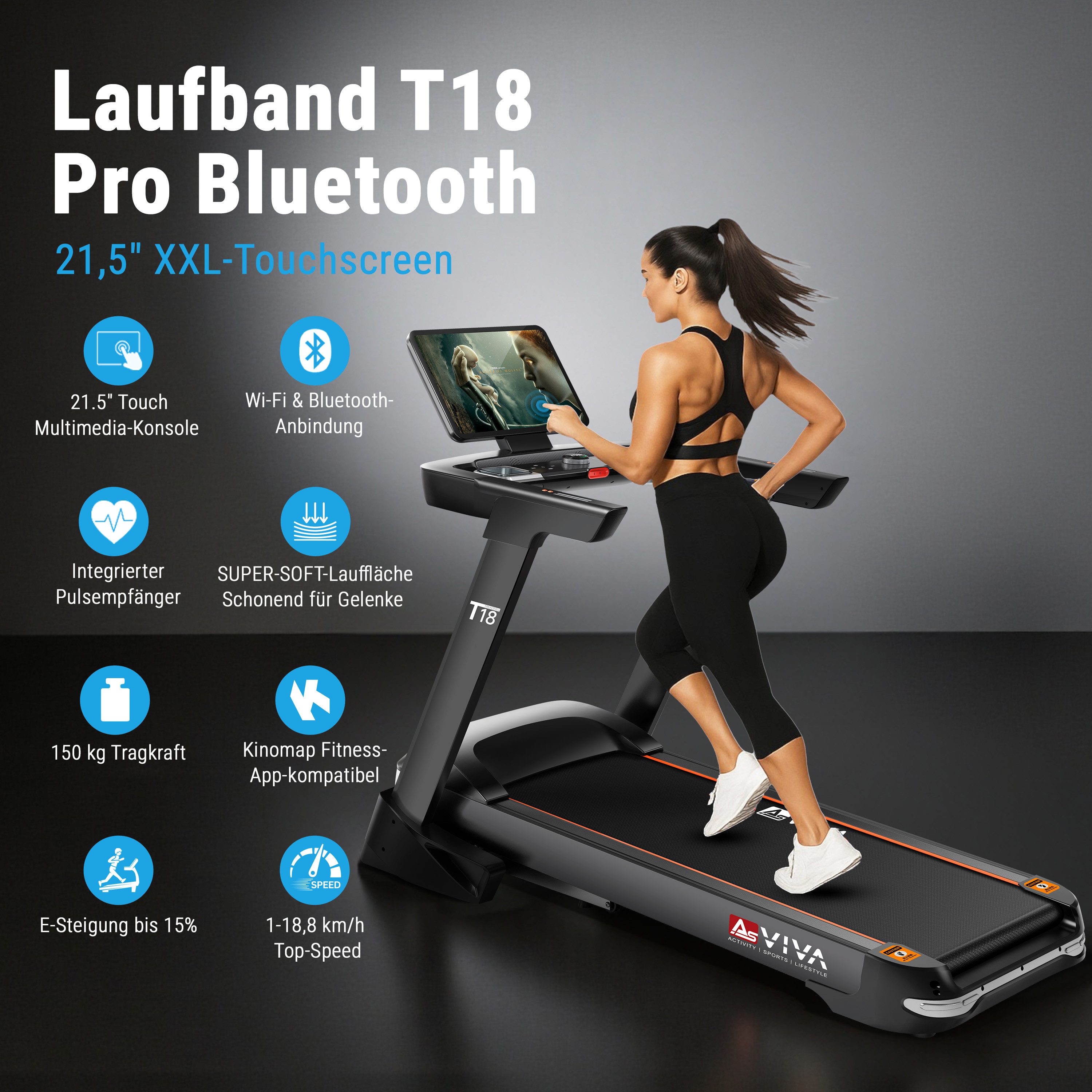 AsVIVA Laufband T18 Pro mit 18 km/h und 15% Steigung, 7 PS Motor, 21,5" Touchscreen, bis 150 kg