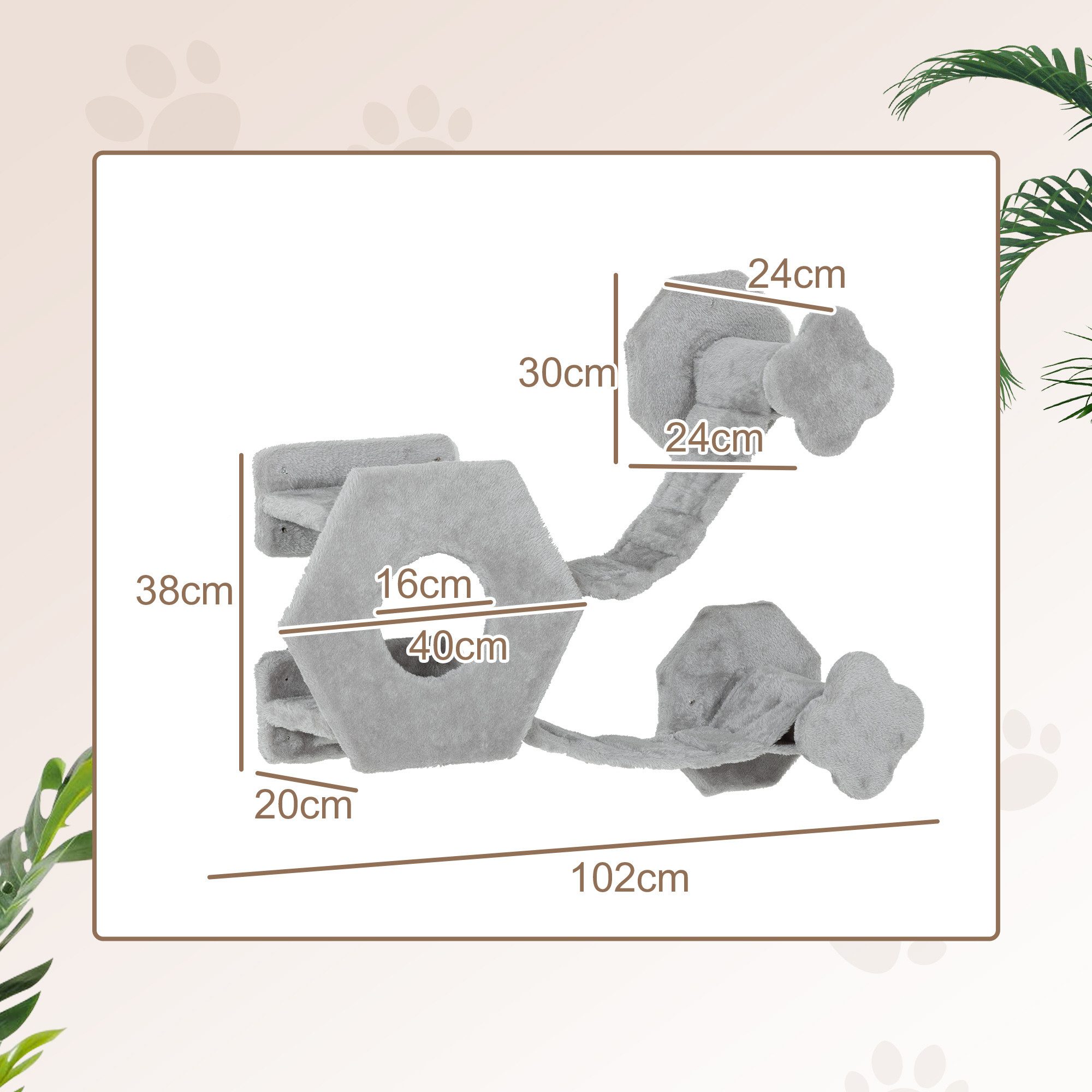PawHut Katzen-Kletterwand Katzenliege mit Stufen, Katzenhöhle, Sprungturm, Spielzeugball, für Katzen bis 5 kg, Hellgrau