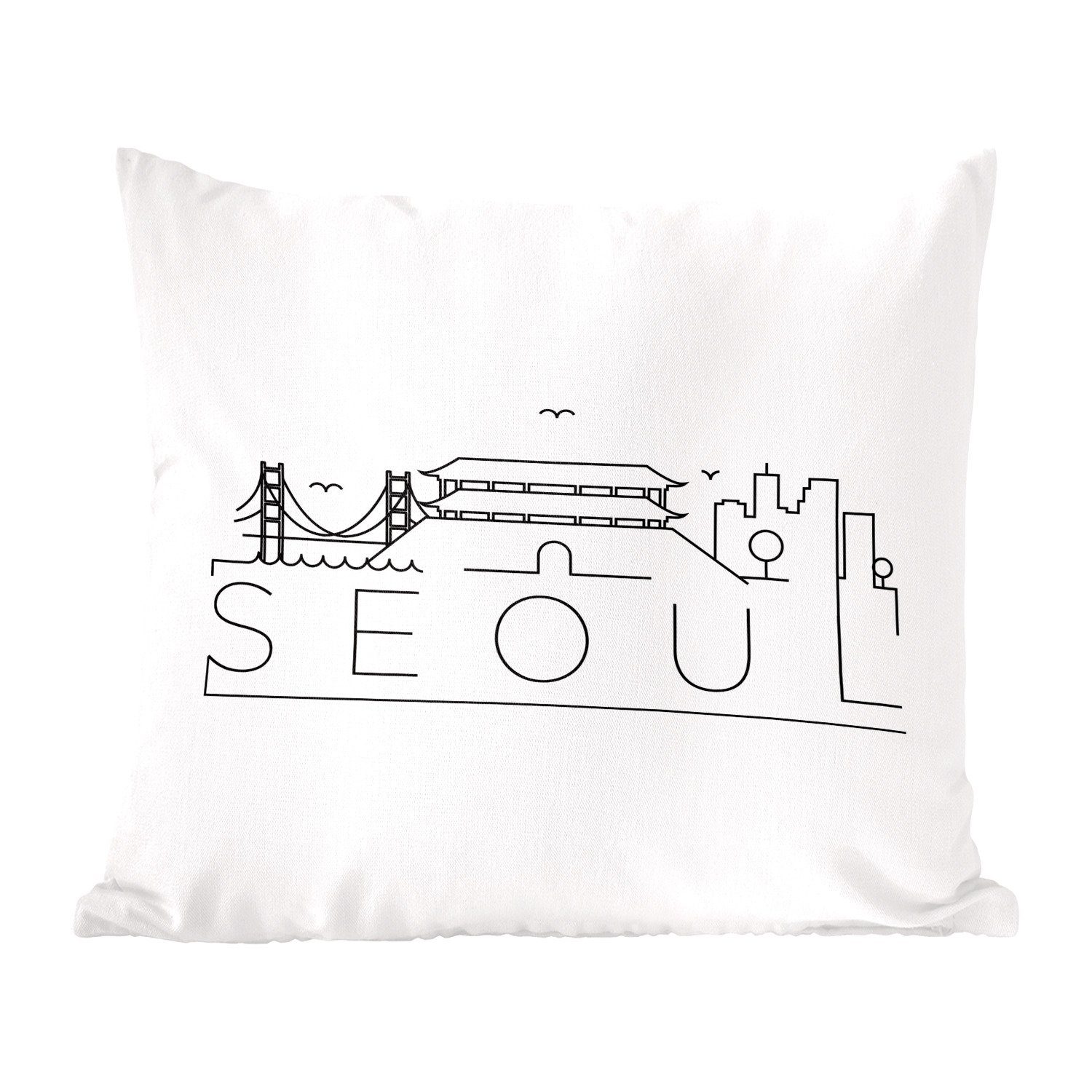 MuchoWow Dekokissen Skyline "Seoul" schwarz auf weiß, Zierkissen mit Füllung für Wohzimmer, Schlafzimmer, Deko, Sofakissen