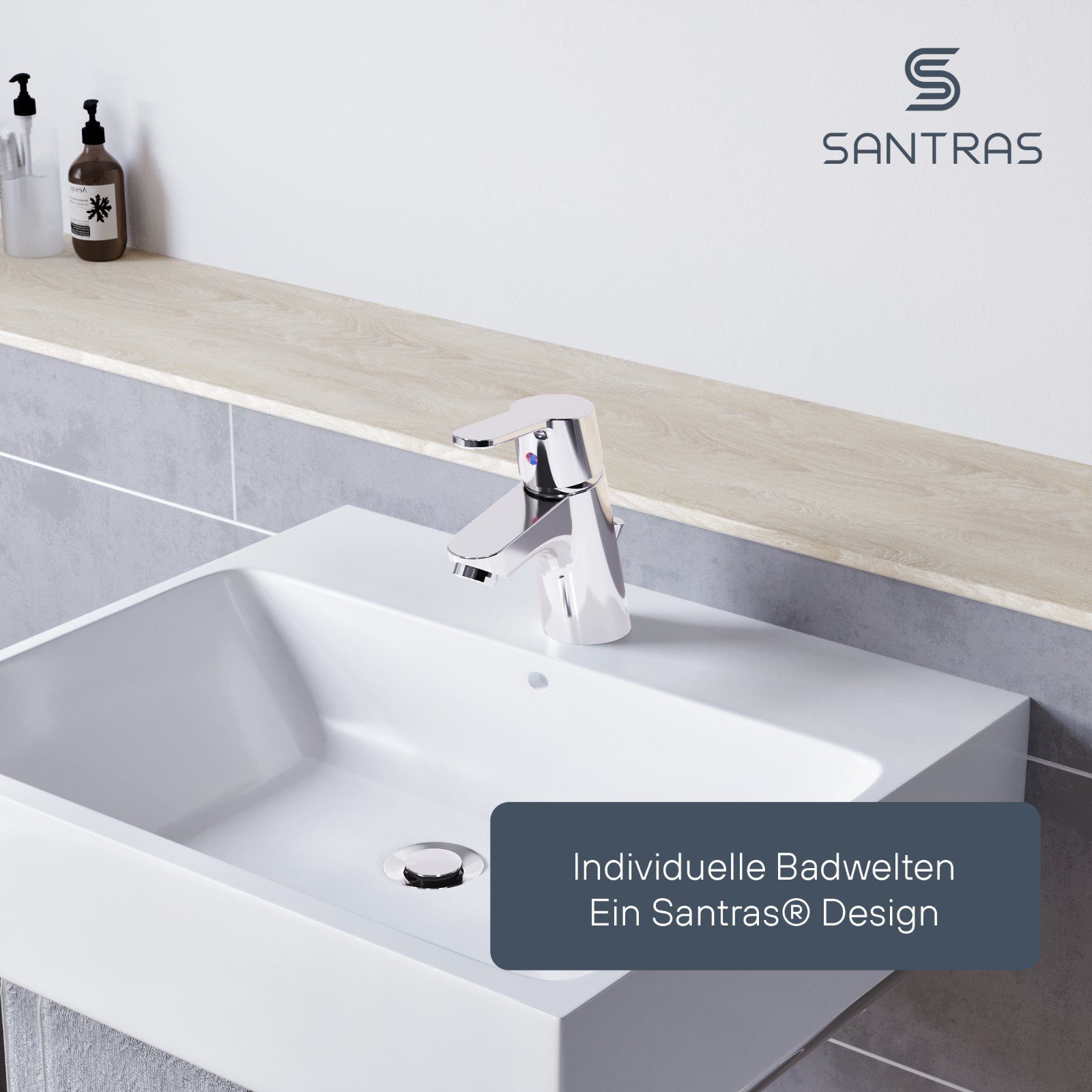 Santras Waschtischarmatur mit Zugstange und Ablaufgarnitur in Chrom