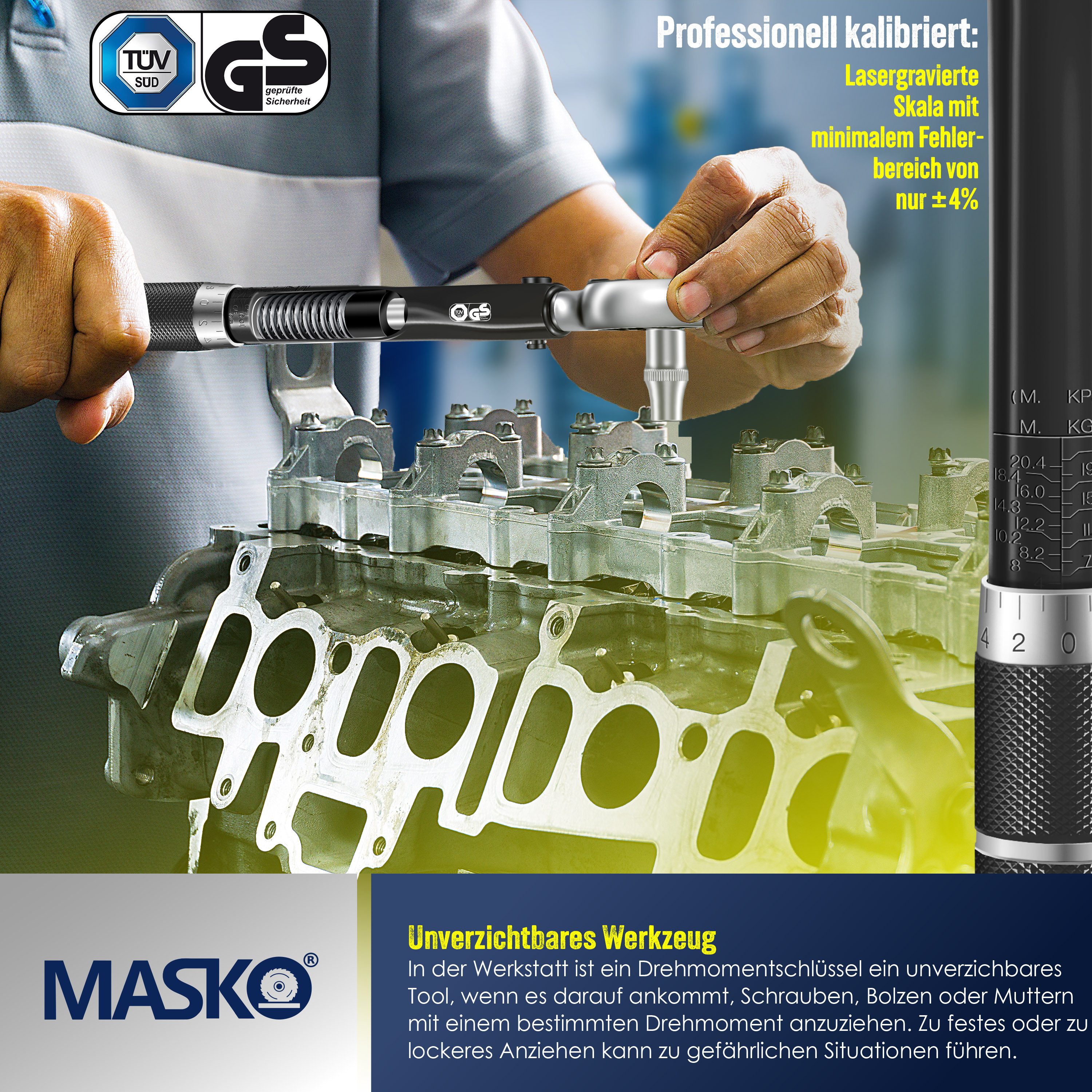 MASKO Drehmomentschlüssel Set 6tlg. Set 40-210Nm 1/2' CV, inkl. 3 Stecknüsse, 17mm, 19mm, 21mm & Verlängerung 125mm, inkl. Handschuhe und Koffer