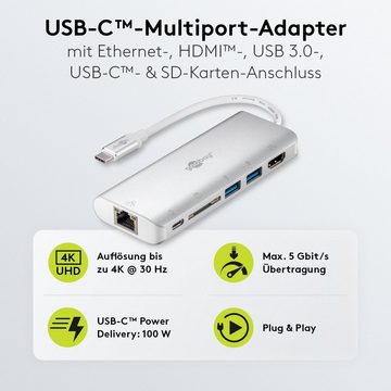 Goobay USB-Verteiler USB-C Multiport Adapter (5 Gbit/s Übertragungsrate, 4K @ 60 Hz), Anschlüsse 1x USB-C / 2x USB-A / 1x HDMI / 1x RJ45 / 1x SD Card Reader