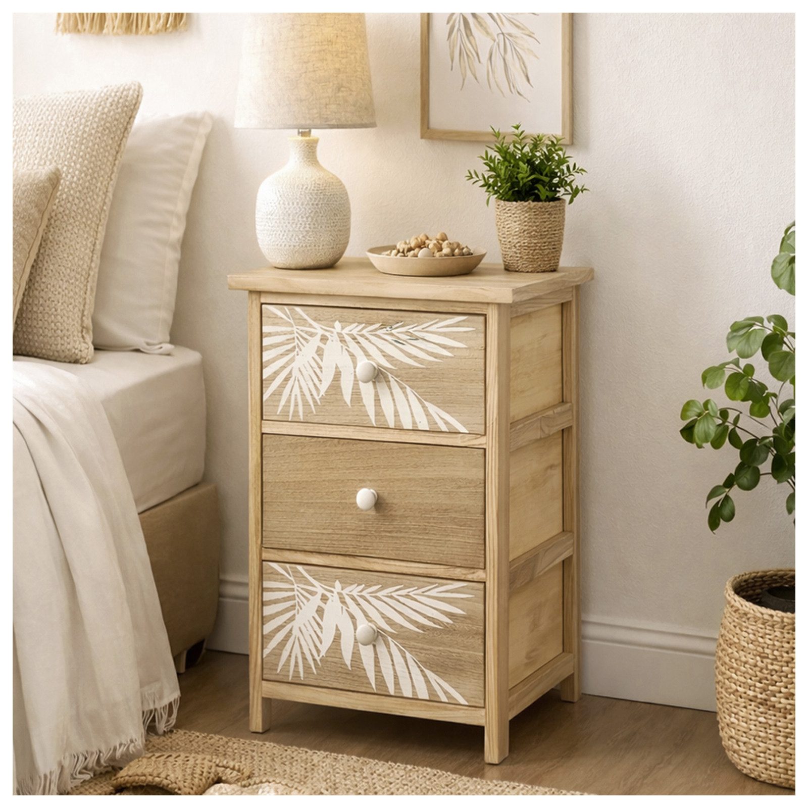 HTI-Living Kommode Kommode Melia 3 Schubladen Palmen-Design Artisaneiche-Weiß (Stück, 1 St., 1 Kommode)