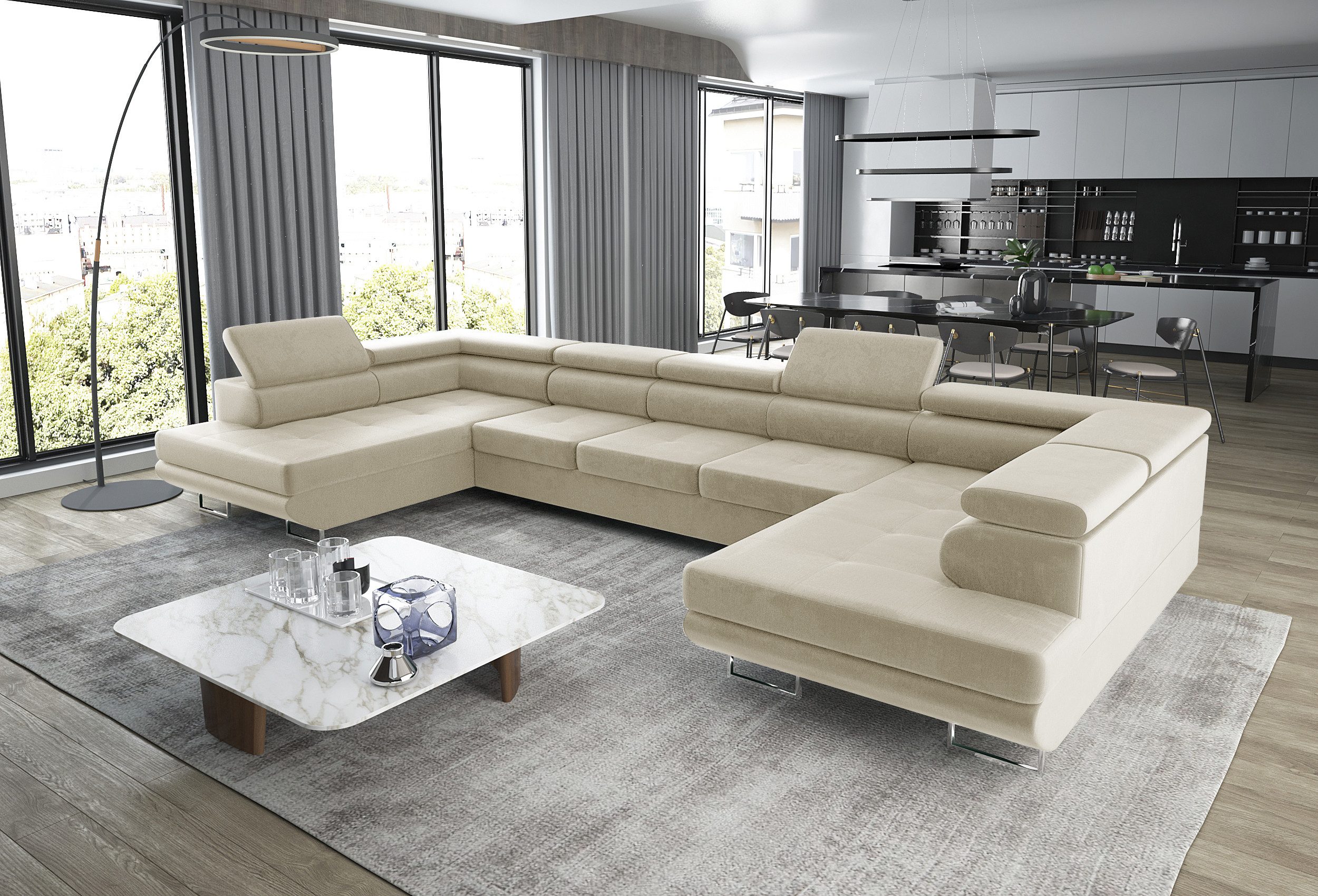 thematys Ecksofa Aston U 403 x 203cm mit Schlaffunktion & Bettkasten –, U-Sofa mit verstellbaren Kopfstützen, Samt (Monolotith), oder Cord (Poso), - U-Form, XL-Wohnlandschaft, 390 cm breit