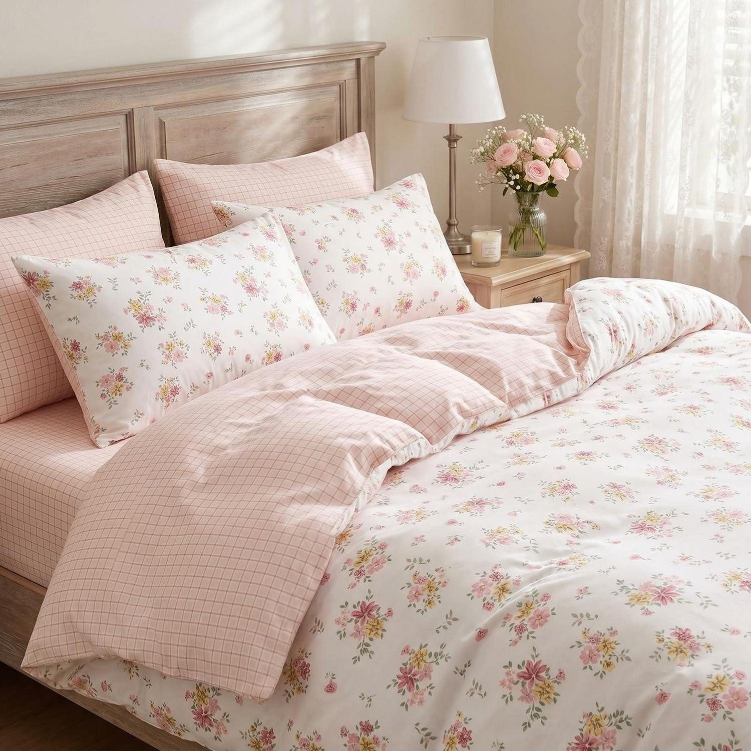 LuxusKollektion Wendebettwäsche Bettwäsche 135x200 Blumen Rosa-Gelb Cremeweiß