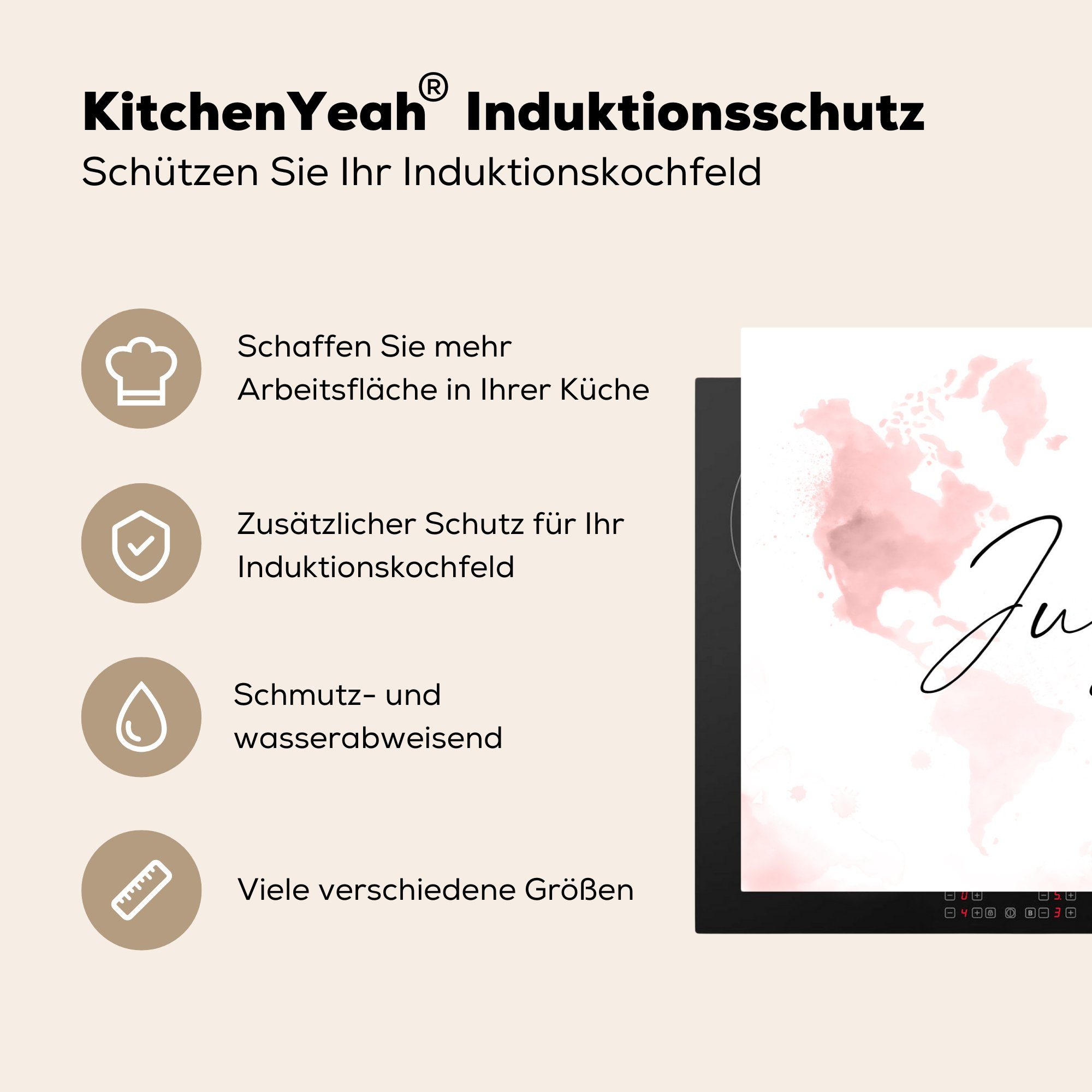 MuchoWow Herdblende-/Abdeckplatte Karte küche, Ceranfeldabdeckung Vinyl, Zitat, Schutz cm, (1 - für tlg), 81x52 - Induktionskochfeld die Rosa