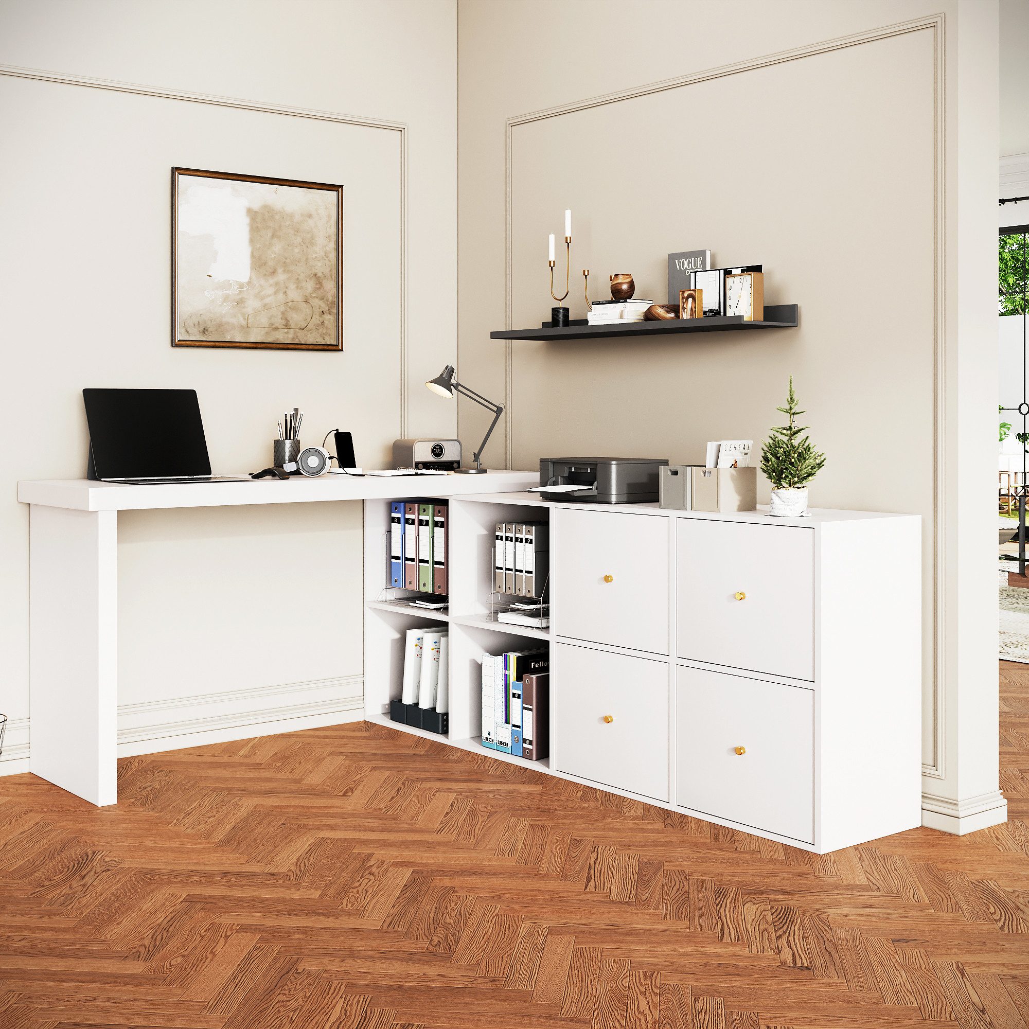 REDOM Eckschreibtisch 360° drehbarer Schreibtisch in L-Form (Bartisch, Computertisch, 1-St., Tischplatte 360° schwenkbar, 4 Fächern, 4 Schubladen), Tischplatte und Beine 4 cm verstärkt