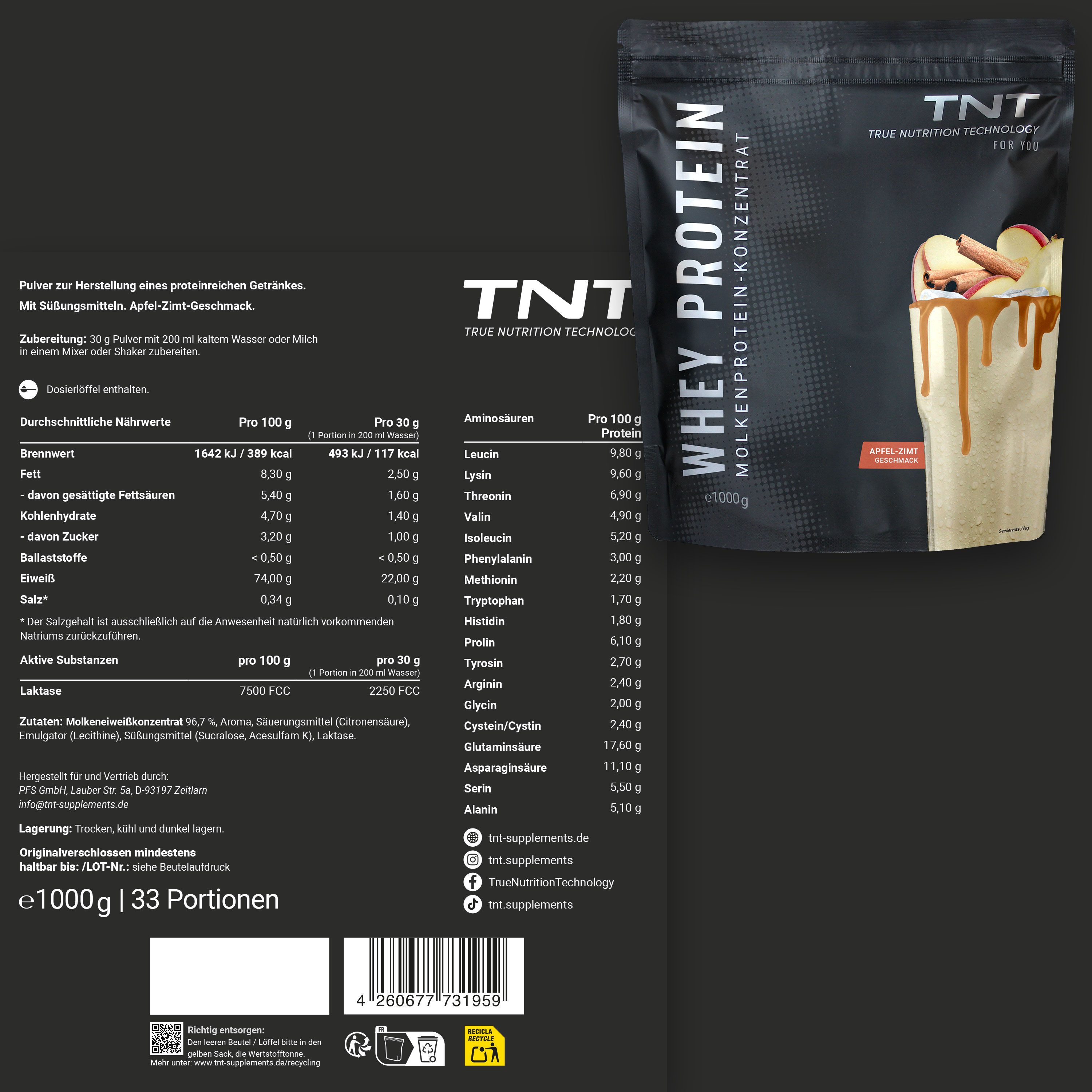 TNT (True Nutrition Technology) Whey Protein - Molkenprotein-Konzentrat für Muskelaufbau und Diät Pulver