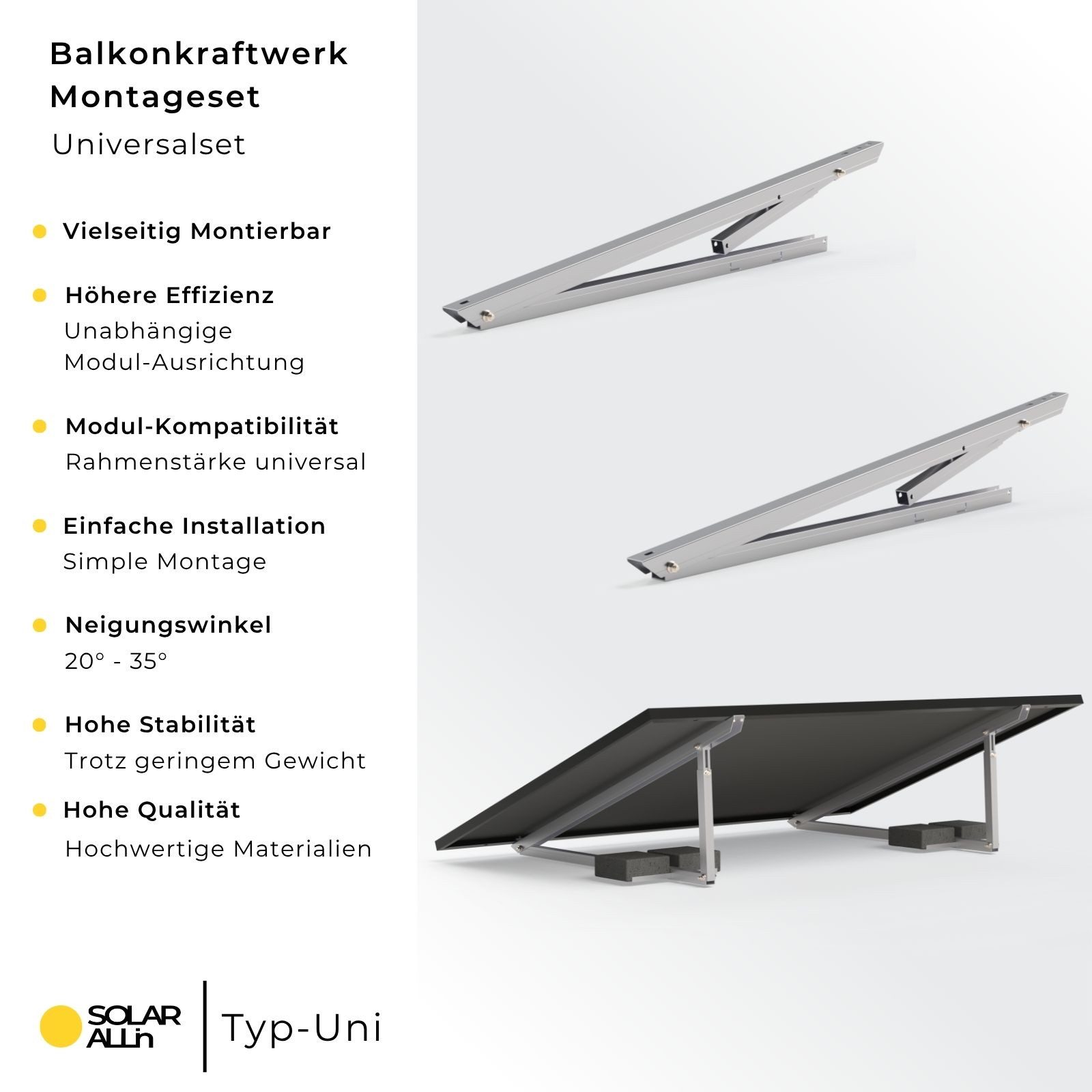 smartEC Solarmodul-Halterung SOLAR ALLin Universal Montage-Set für Solarmodule - Befestigungssystem, (Neigungswinkel 20–35° Flexible Ausrichtung Einfache Montage)