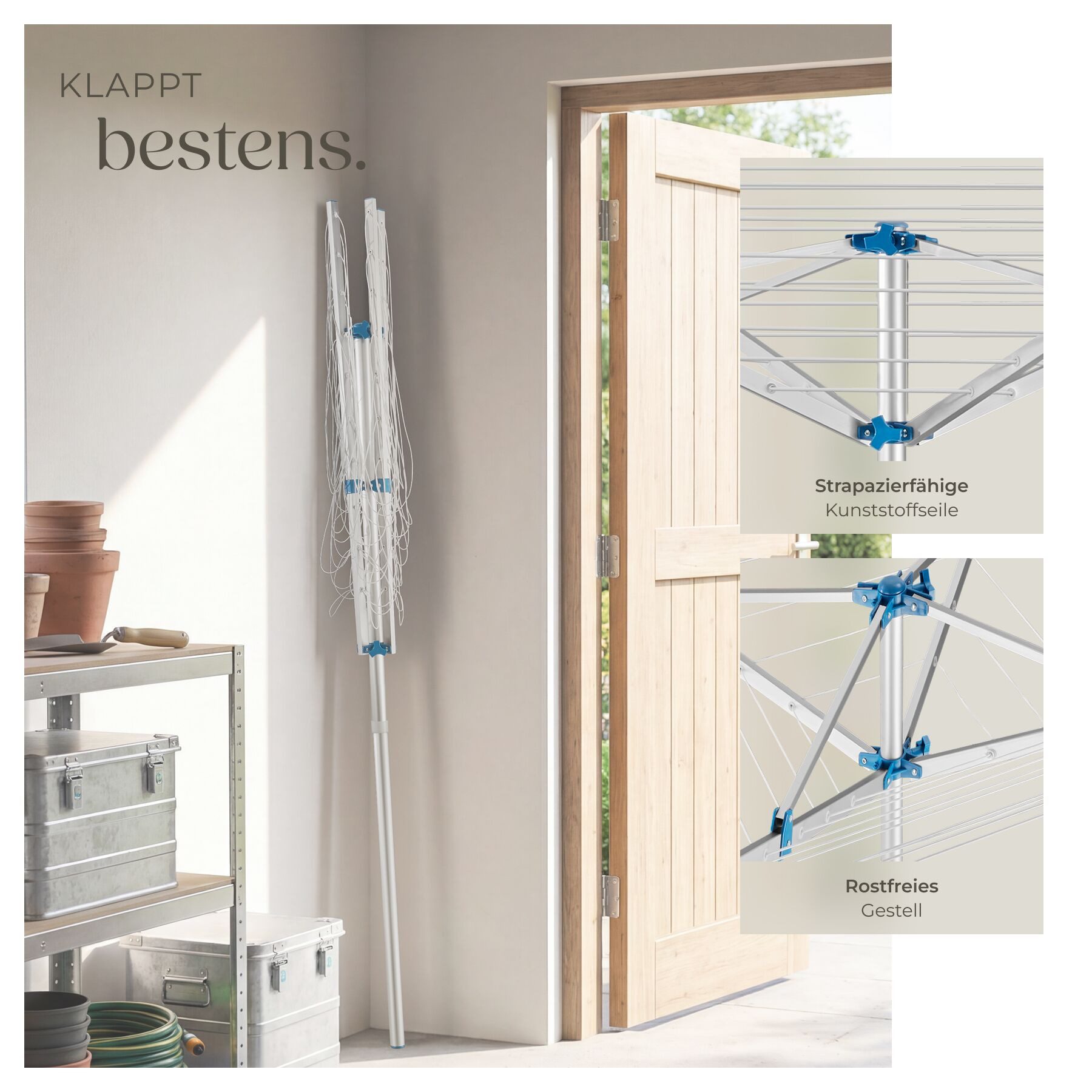 tectake Wäschespinne Wäscheständer aus Aluminium, Leinenlänge 40 m, 150 x 150 x 196 cm, klappbar, drehbar und höhenverstellbar, wetterfest, Inkl. Bodenhülse – Bild 4 von 5