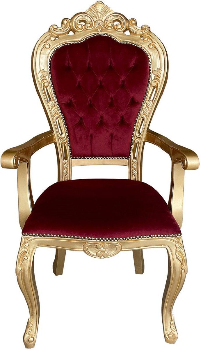 Casa Padrino Esszimmerstuhl Luxus Barock Esszimmer Stuhl Bordeauxrot / Gold - Handgefertigter Antik Stil Stuhl mit Armlehnen und edlem Samtstoff - Esszimmer Möbel im Barockstil