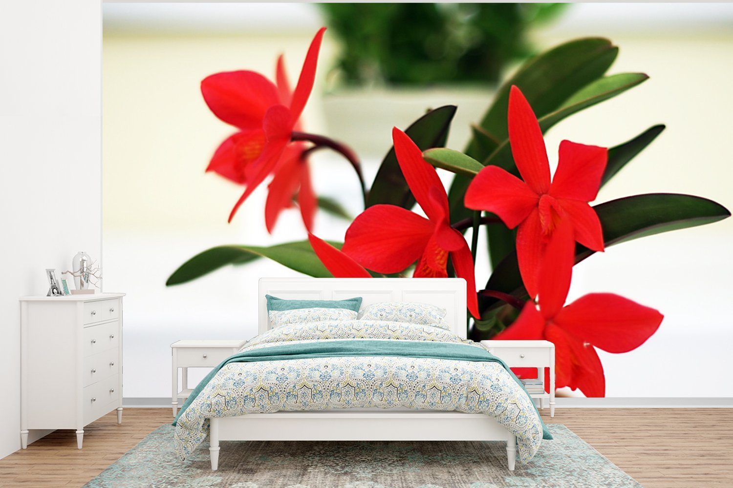 MuchoWow Fototapete Rote Orchideen im Topf, Matt, bedruckt, (6 St), Wallpaper für Wohnzimmer, Schlafzimmer, Kinderzimmer, Vinyl Tapete