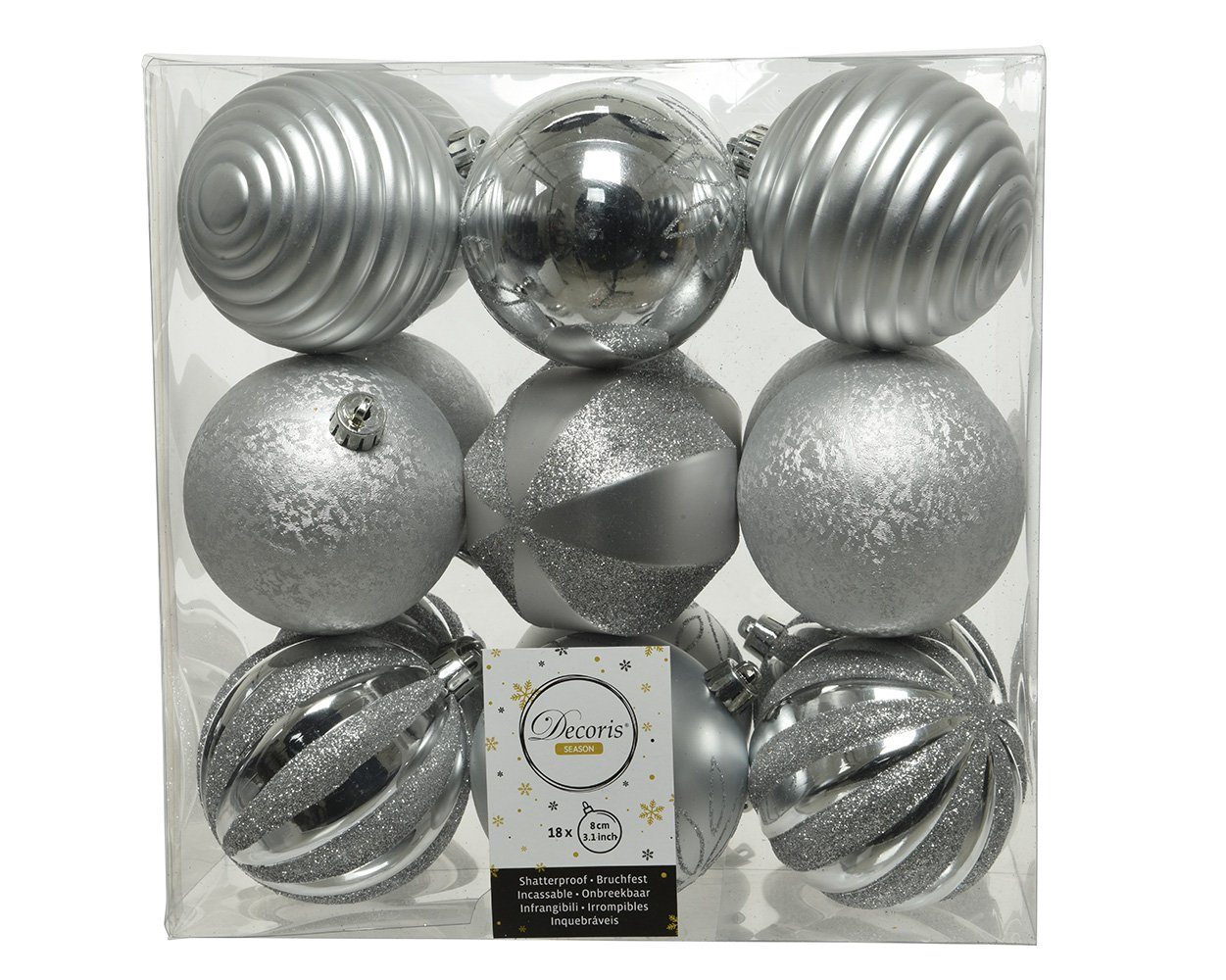 Decoris season decorations Weihnachtsbaumkugel, Weihnachtskugeln Kunststoff Ornamente 8cm silber, 18er Set