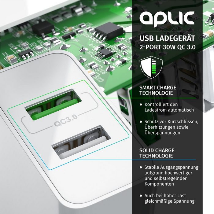 Aplic USB-Ladegerät (3000 mA 2-Port 30W Quick Charge 3.0 (QC 3.0) Schnelladefunktion)