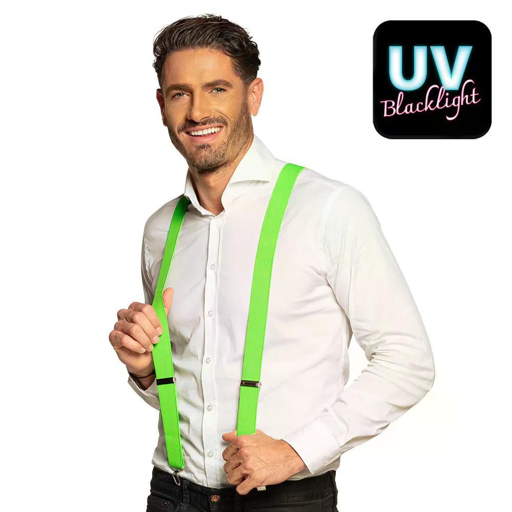 Boland Kostüm Hosenträger Basic neongrün UV elastische Träger für Karneval Festival, leuchten eindrucksvoll unter Schwarzlicht, robuste Metallclips