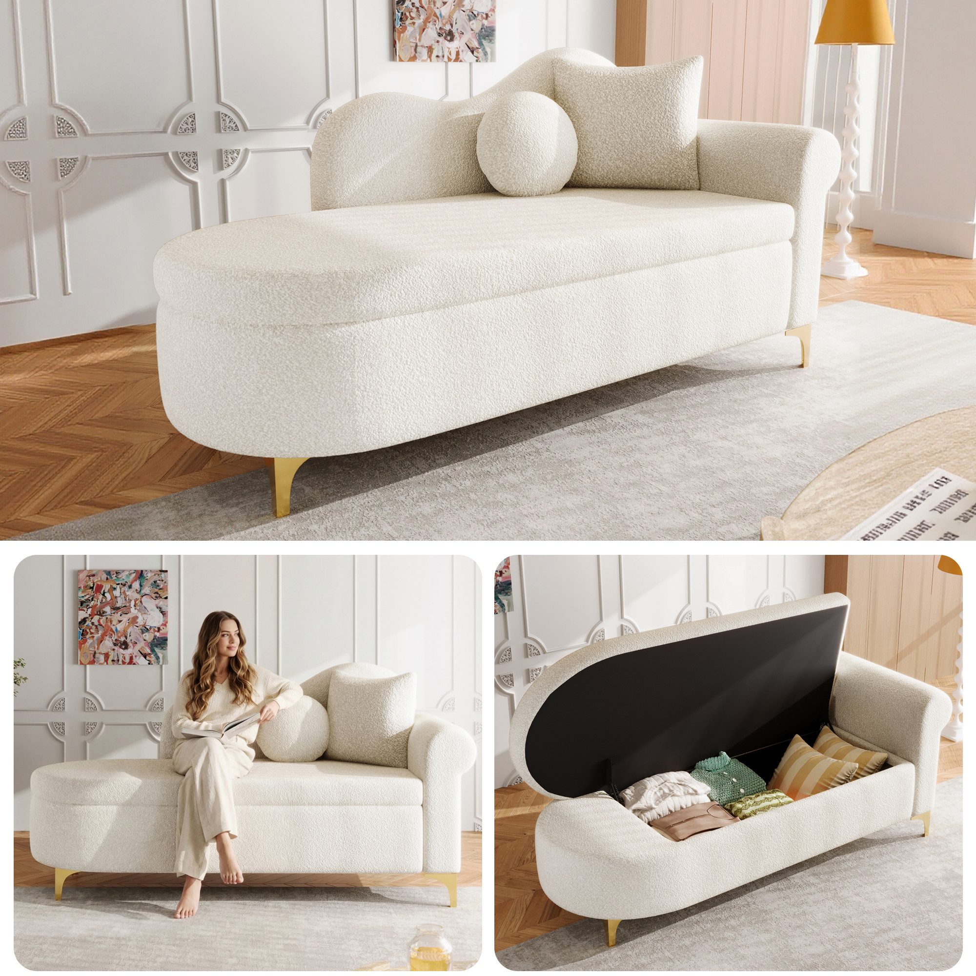 Odikalo Chaiselongue Relaxsessel Freizeitstuhl mit Stauraum & Schlaffunktion, modernes Design wellenförmige Rückenlehne Lammfell-Optik-Stoff hochdichter Sitzkis – Bild 3 von 5
