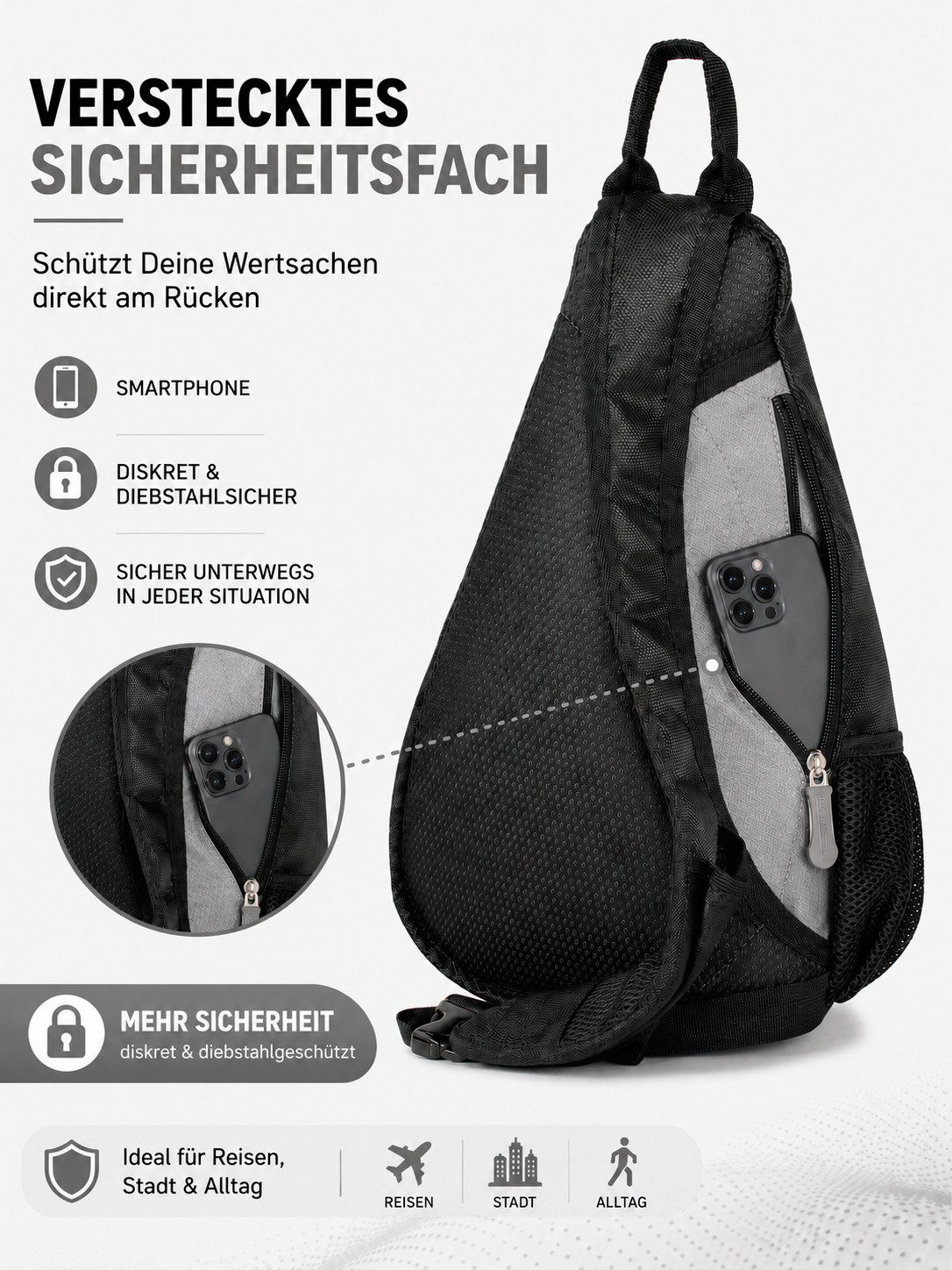 BAG STREET INTERNATIONAL Daypack Sling Bag Crossbody Schulterrucksack mit Sicherheitsfach Leicht Alltag