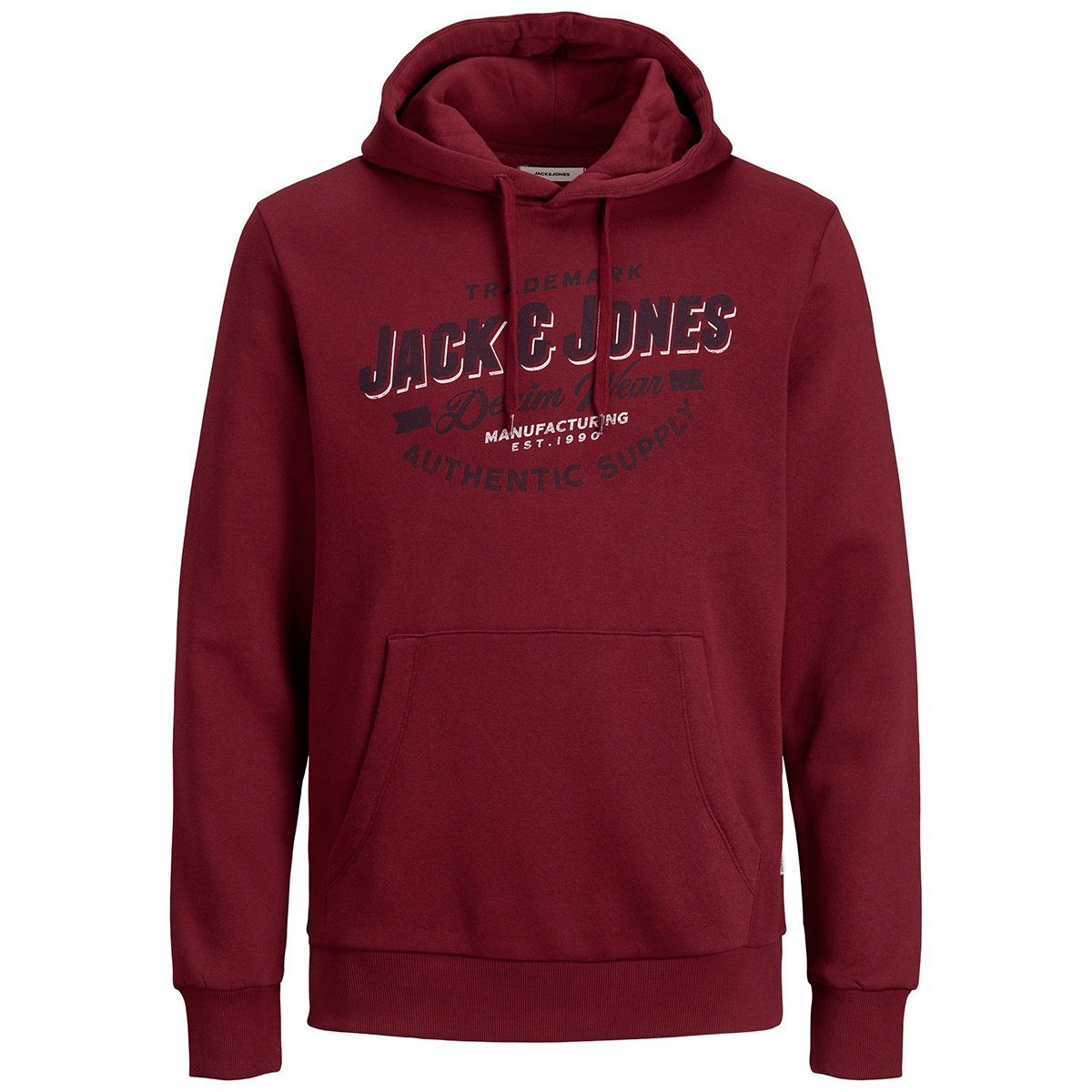 Herren Pullover Jack & Jones Kapuzensweatshirt Übergrößen Jack & Jones Hoodie dunkelrot Logoprint
