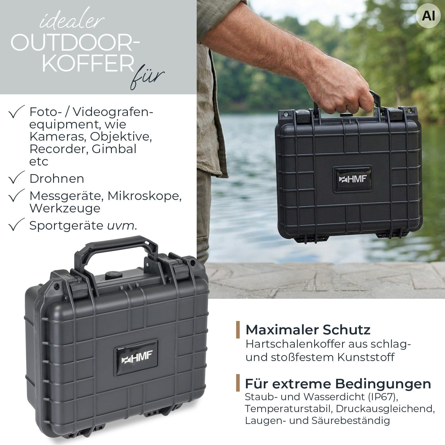 HMF Werkzeugkoffer ODK100 Outdoorkoffer mit Druckausgleichsventil und Rasterschaumstoff, Outdoor-Koffer wasserdicht und staubdicht, 27 x 24,5 x 13 cm, schwarz – Bild 2 von 5
