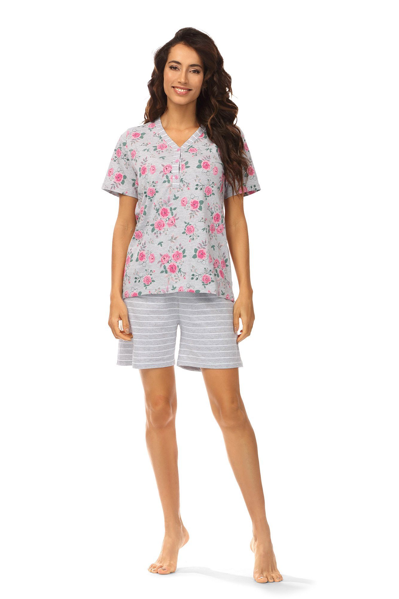 Ascafa Schlafanzug (Set, 2 tlg., Set) Damen Schlafanzug 2-teilig Pyjama  Shorty Rosenprint Baumwolle