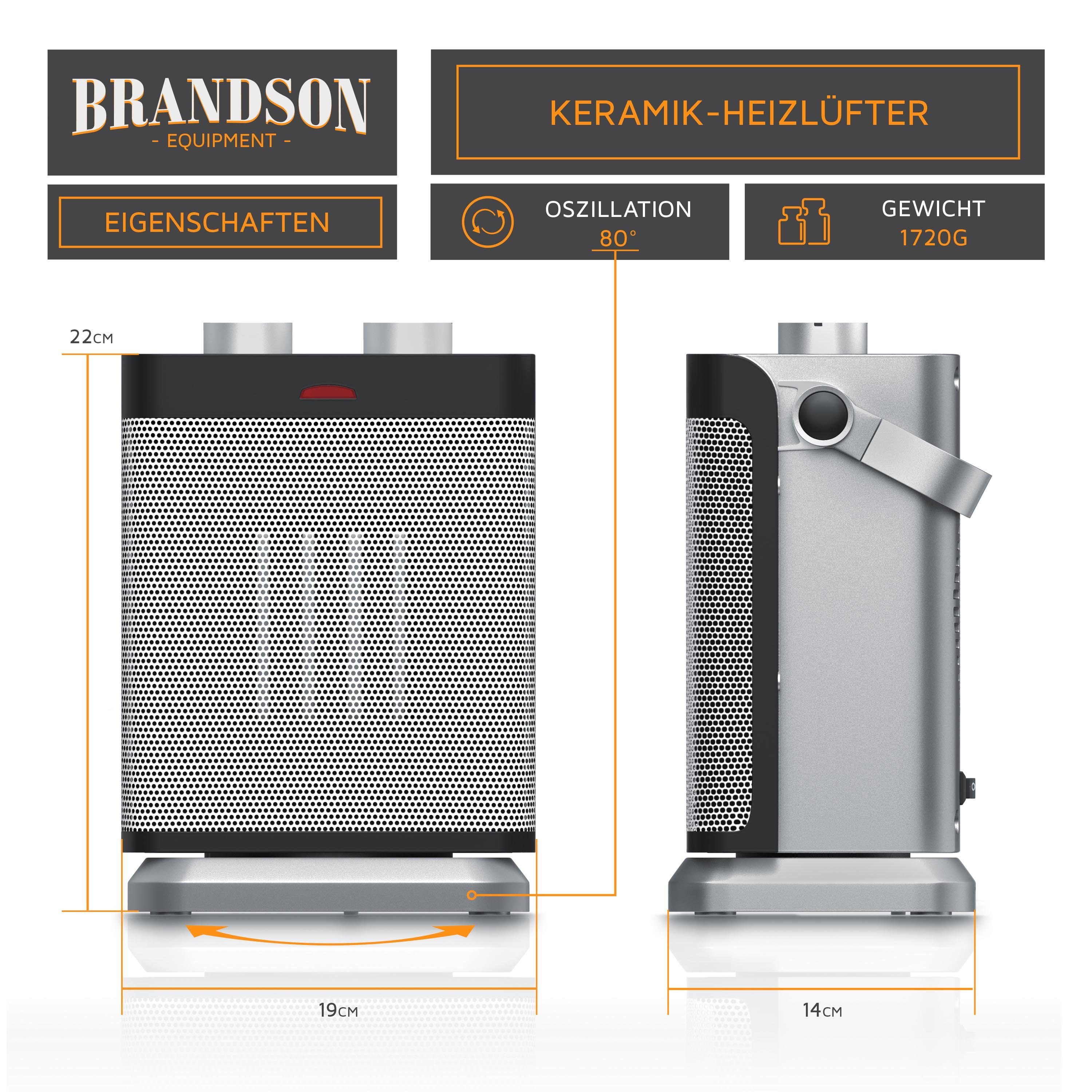 Brandson Keramikheizlüfter mit Temperaturregelung & Lüfterfunktion, Keramikheizgerät Badezimmer, 1800 W, Elektroheizung mit 2 Heizstufen, Überhitzungsschutz Osz – Bild 5 von 5