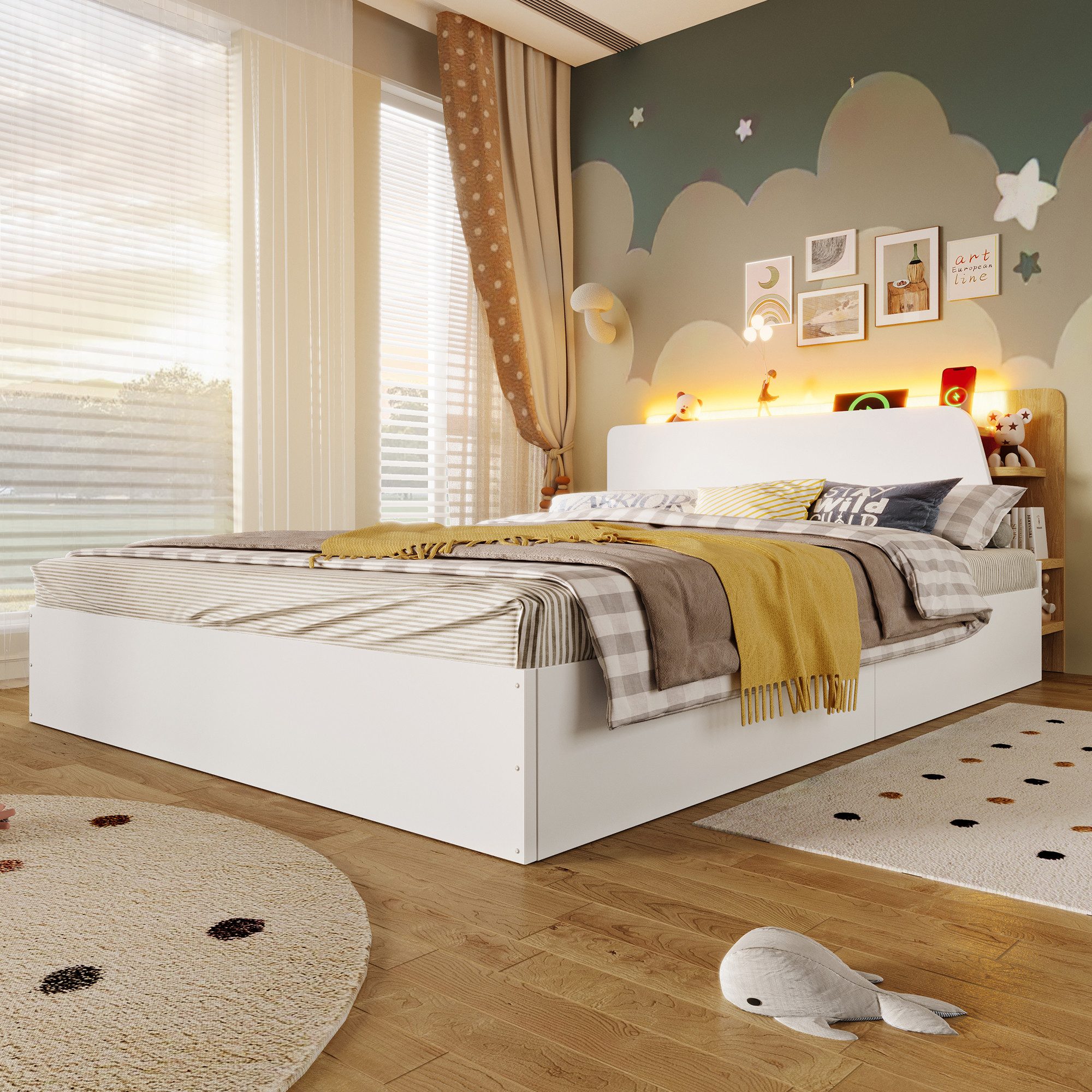 Ulife Bett Paneelbett, 140x200cm, Hydraulische, Mit USB Typ-C Ladefunktion (3-tlg), LED-Beleuchtung, Drucktaste/Appdienung, Multifunktionale Aufbewahrung
