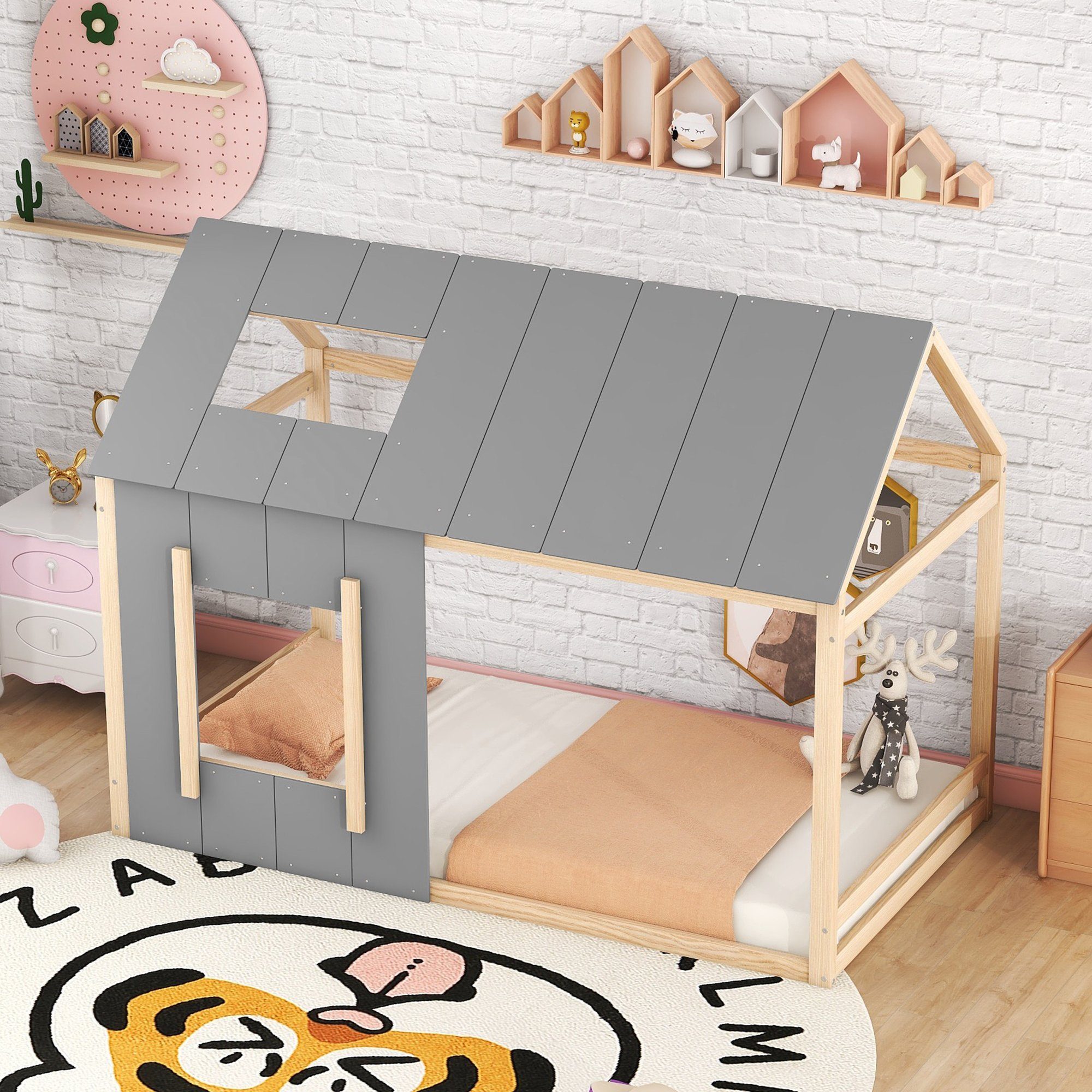 SOFTWEARY Kinderbett Hausbett mit Lattenrost mit grau-natur Kiefer Einzelbett cm), Rausfallschutz, (90x200