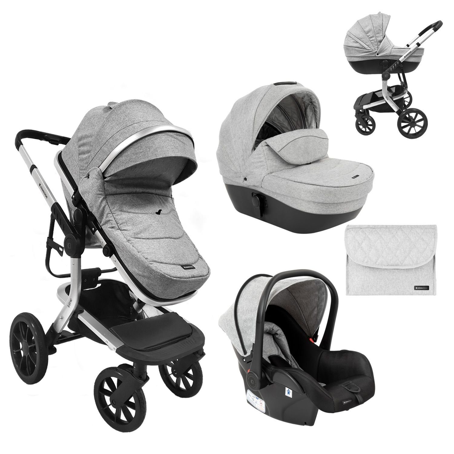 Kikkaboo Kombi-Kinderwagen Kombikinderwagen Irene 3 in 1, Babywanne Autositz Adapter Wickeltasche grau hellgrau