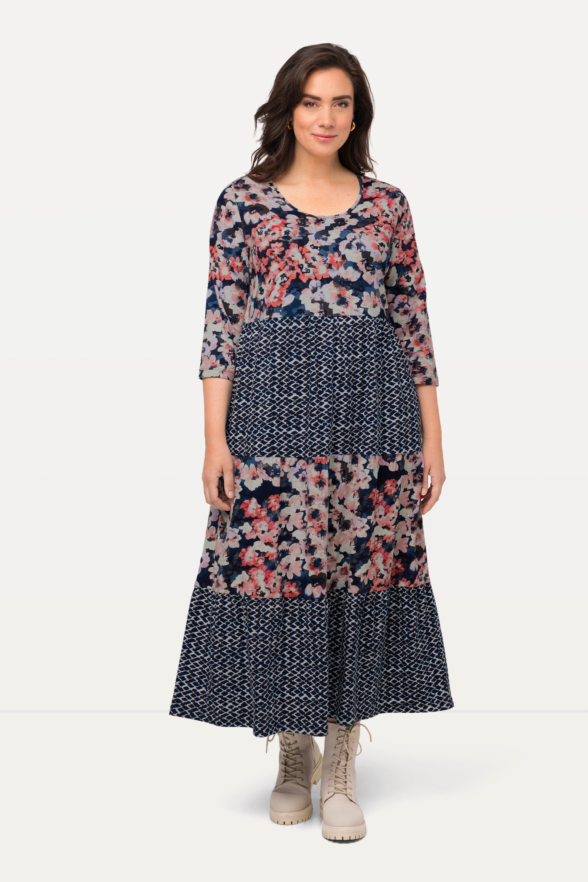 Jerseykleid Midikleid Musterstreifen A-Linie Rundhals 3/4-Arm